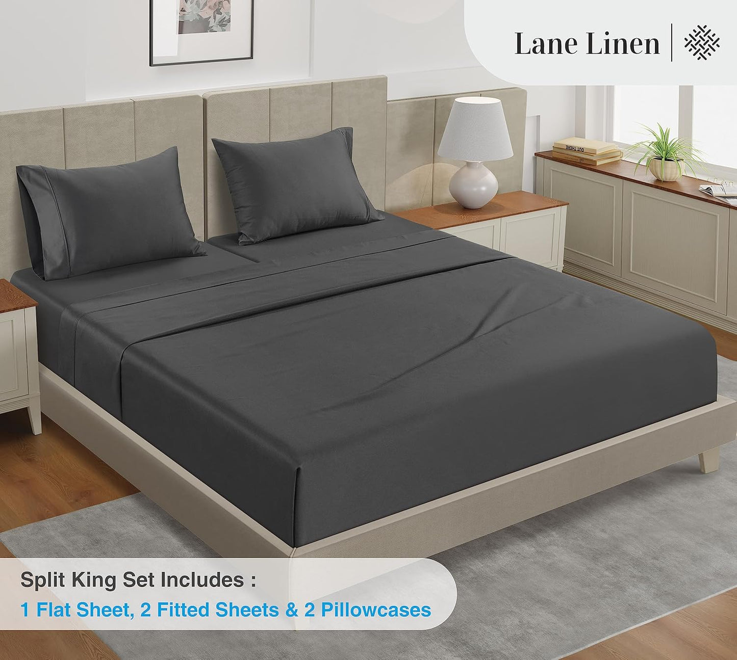LANE LINEN Split King Cotton Sheets Sets for Adjustable Bed – 450 Thread Count Cooling Sateen Weave, Soft & Breathable, 15” Deep Pocket Fully Elasticized Fitted Sheet, Hotel Quality, Charcoal