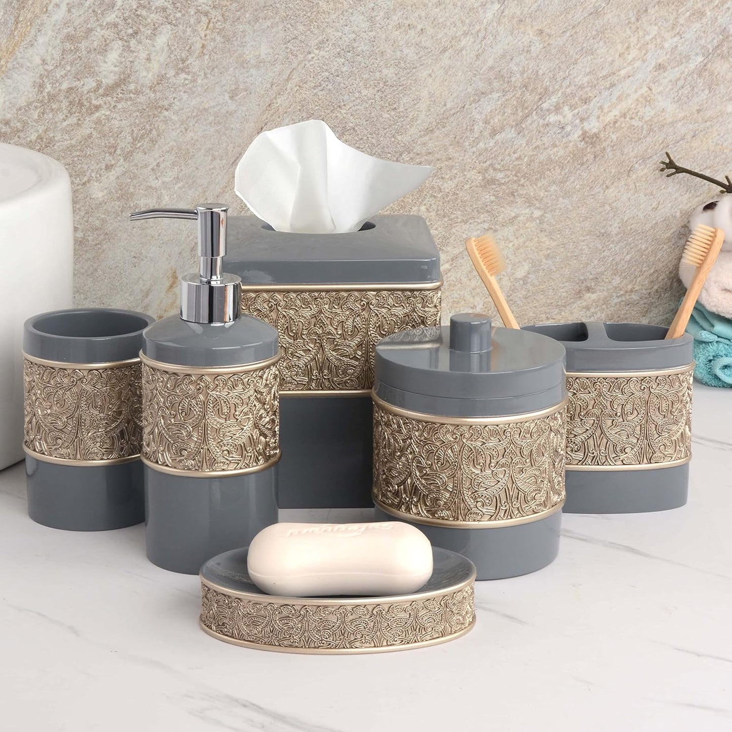 Decozen Bathroom Accessories Set 6Pcs – Soap Dispenser, Toothbrush Holder, Tumbler, Soap Dish & Cotton Swab Jar – Modern Bathroom Decor, Bath Set for Christmas Decor