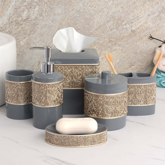 Decozen Bathroom Accessories Set 6Pcs – Soap Dispenser, Toothbrush Holder, Tumbler, Soap Dish & Cotton Swab Jar – Modern Bathroom Decor, Bath Set for Christmas Decor