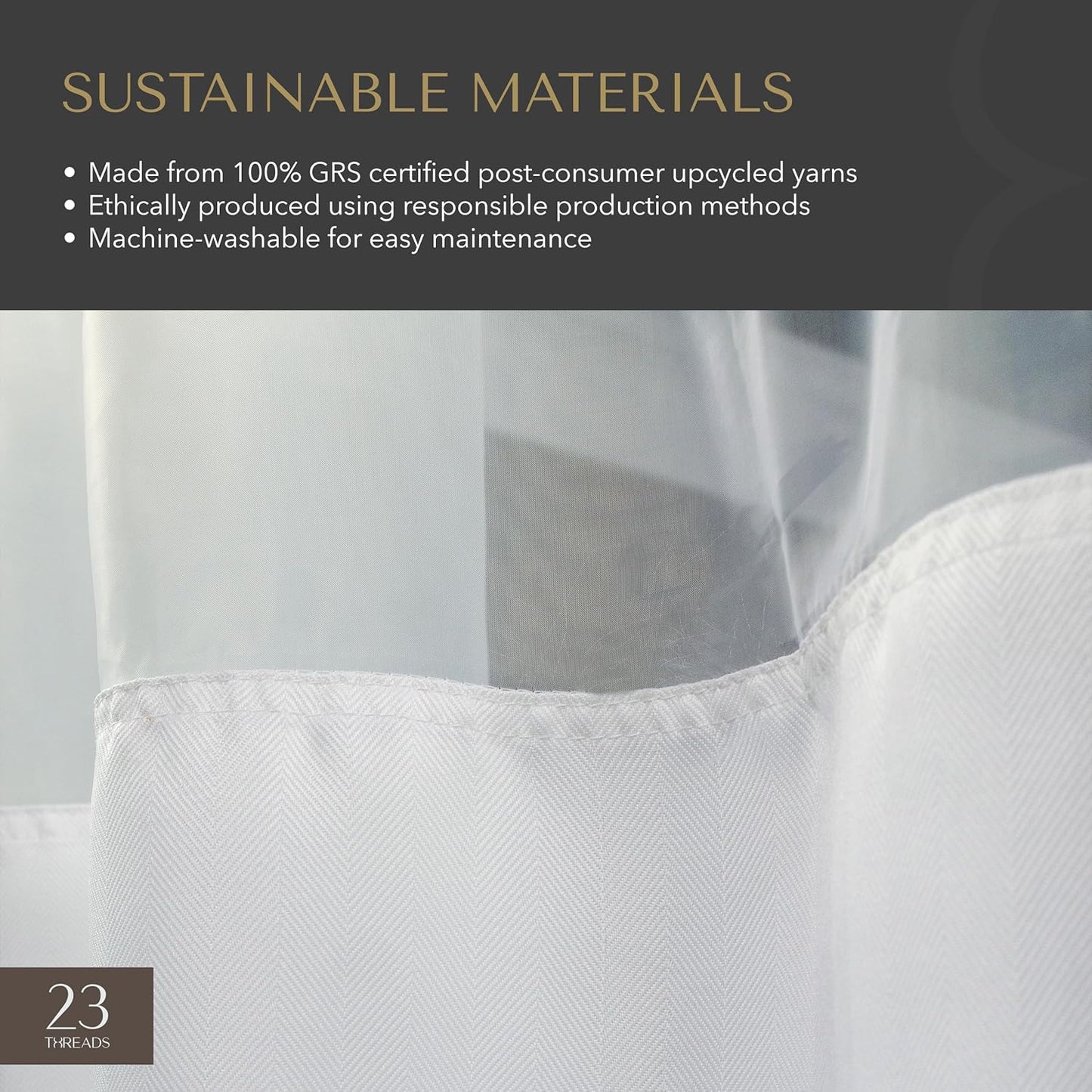 23 THREADS Fabric Shower Curtain for Bathroom, Water Resistant, Made from Sustainable Yarns, White, Herringbone Weave, with Window
