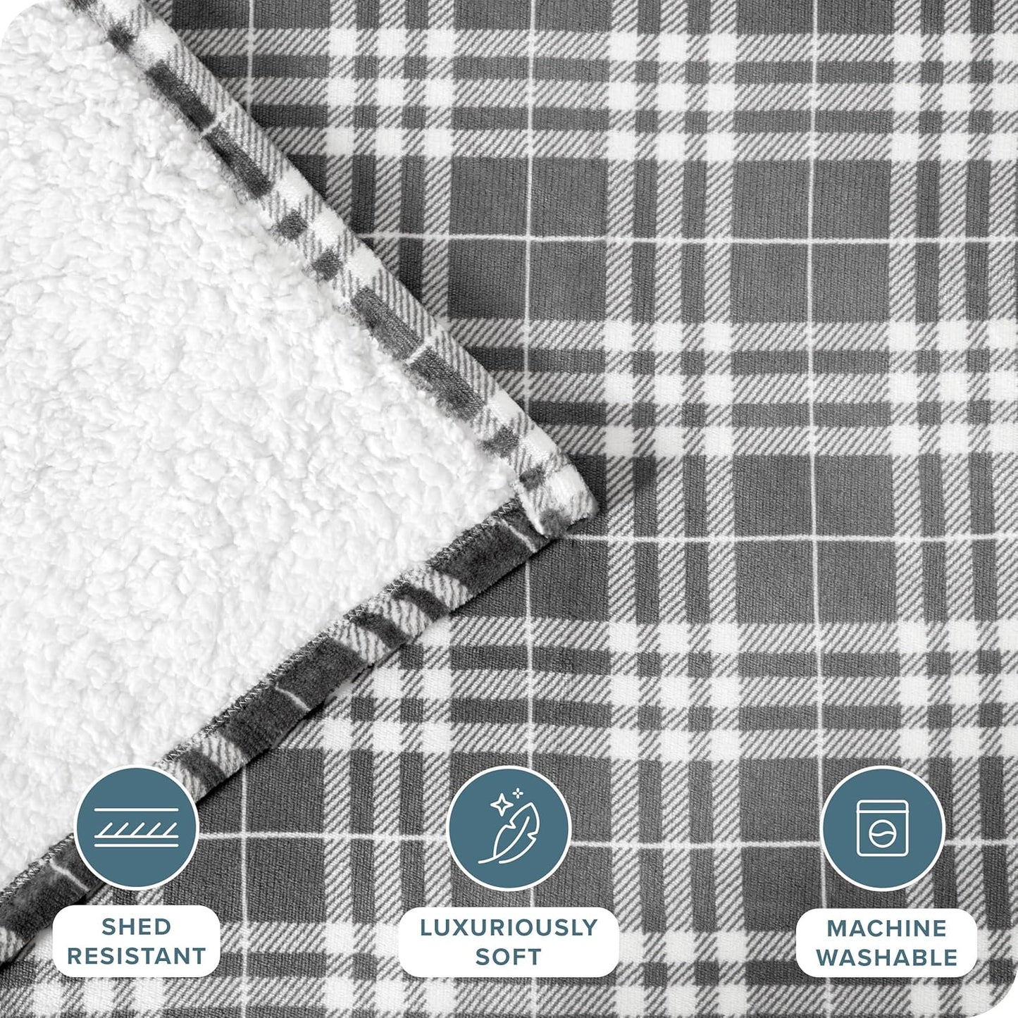 Bare Home Sherpa Fleece Blanket - Twin/Twin Extra Long - Blanket for Bed, Sofa, and Couch - Warm & Lightweight - Fluffy & Soft - Reversible (Twin/Twin XL, Stirling Plaid - Grey/White)