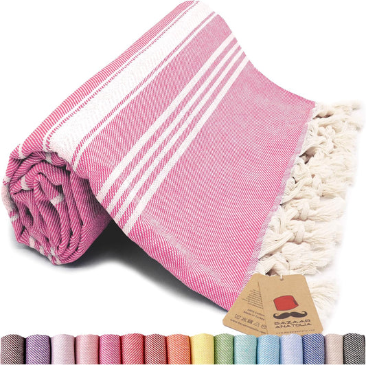 Bazaar Anatolia Turkish Beach Towel – 100% Cotton, Quick Dry, Sand Free Towel for Bathroom, Camping, Travel, Hot Pink – Oversized 71x39 Inches – Stripe Fuscia
