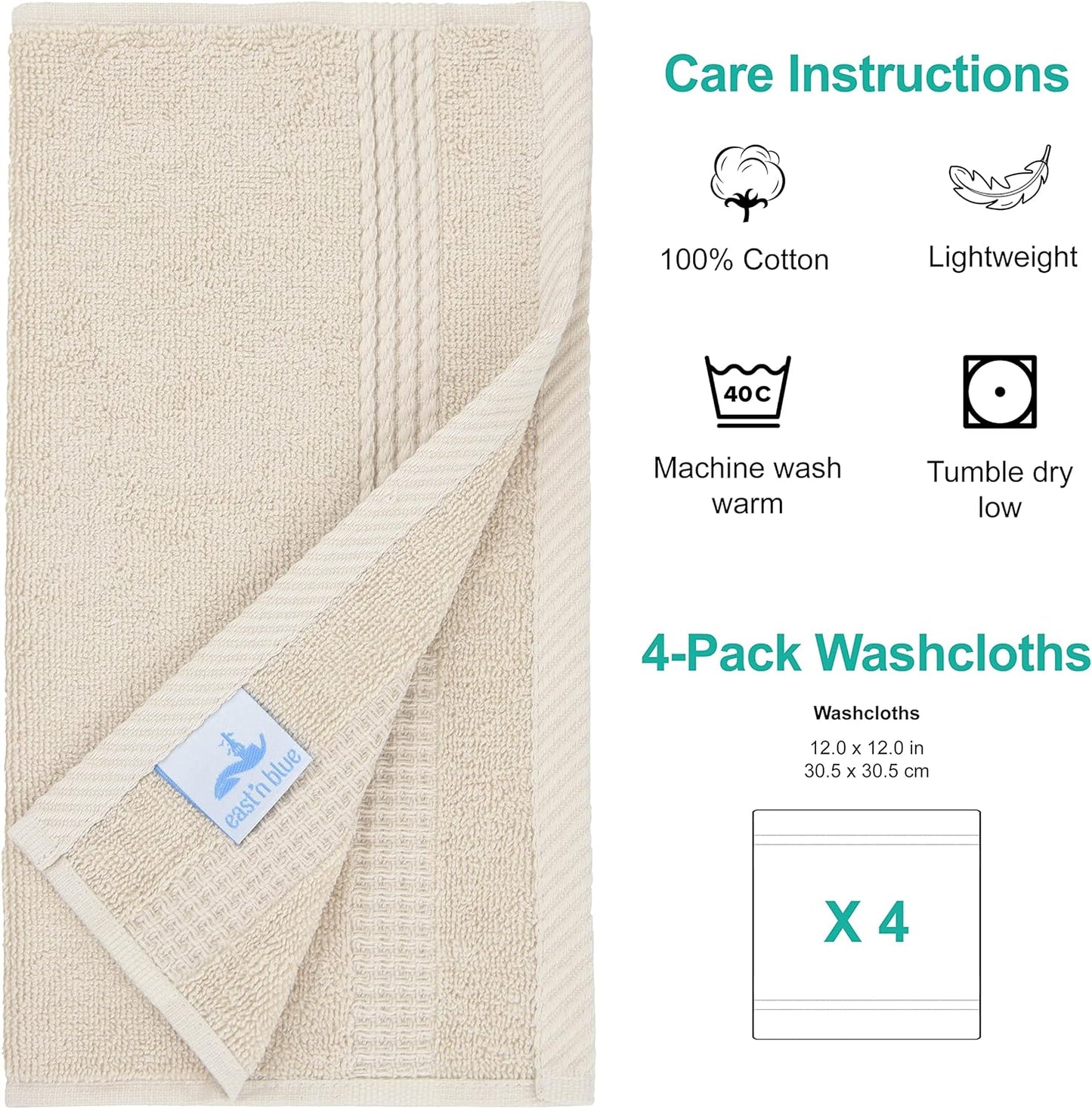 EastNBlue Lara 100% Turkish Cotton Washcloths 4 Pack, Extra Soft & Absorbent Wash Cloths for Face & Body (12" x 12"), Terry Cloth, Small Hand Towels for Bathroom, Beige