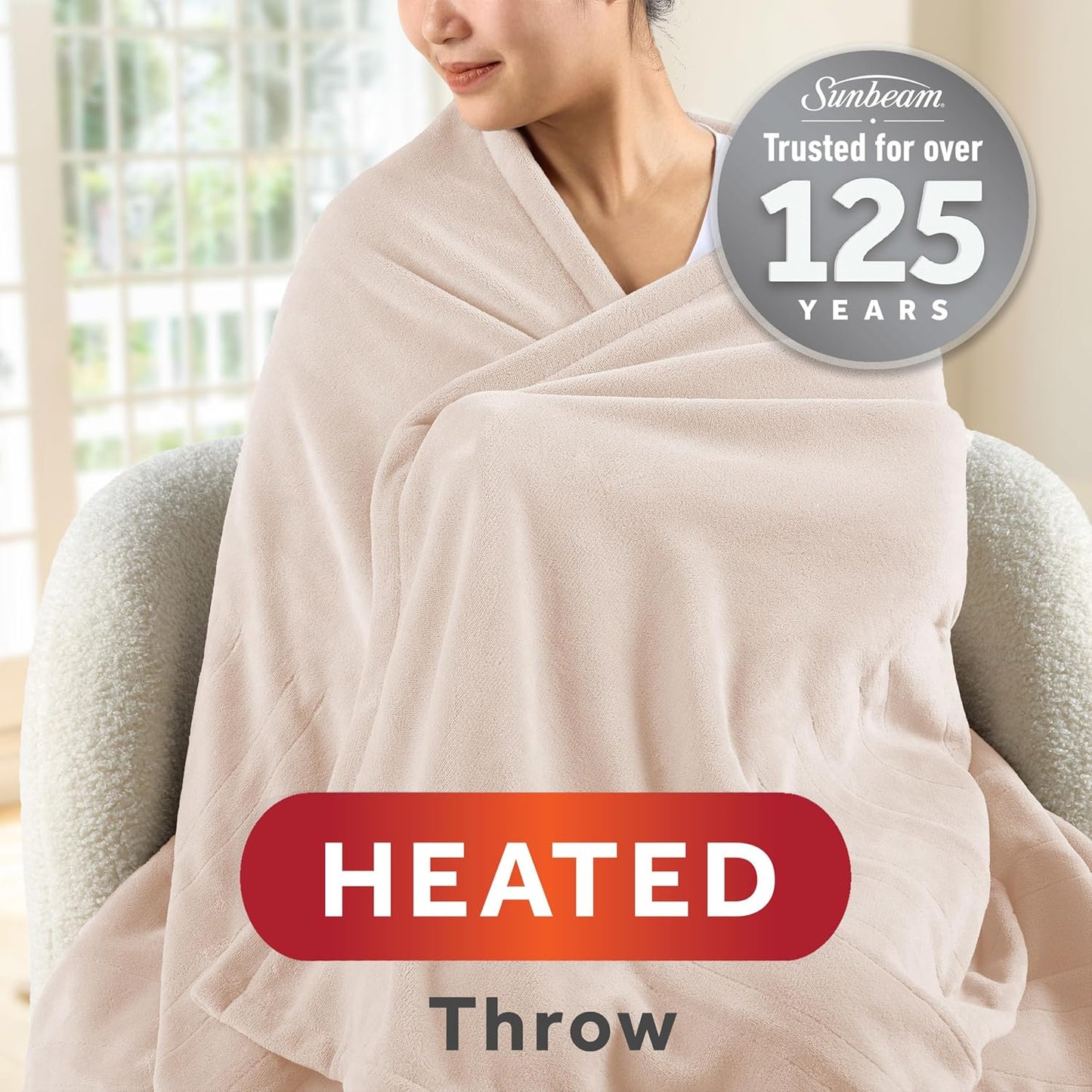 Sunbeam Electric Throw Royal Posh Velvet Heated Blanket, 4 Heat Settings, 4-Hour Auto Shut-Off, Fast Heating, Lush, Silky, and Ultra Comfy, Champagne Color, 50" x 60"