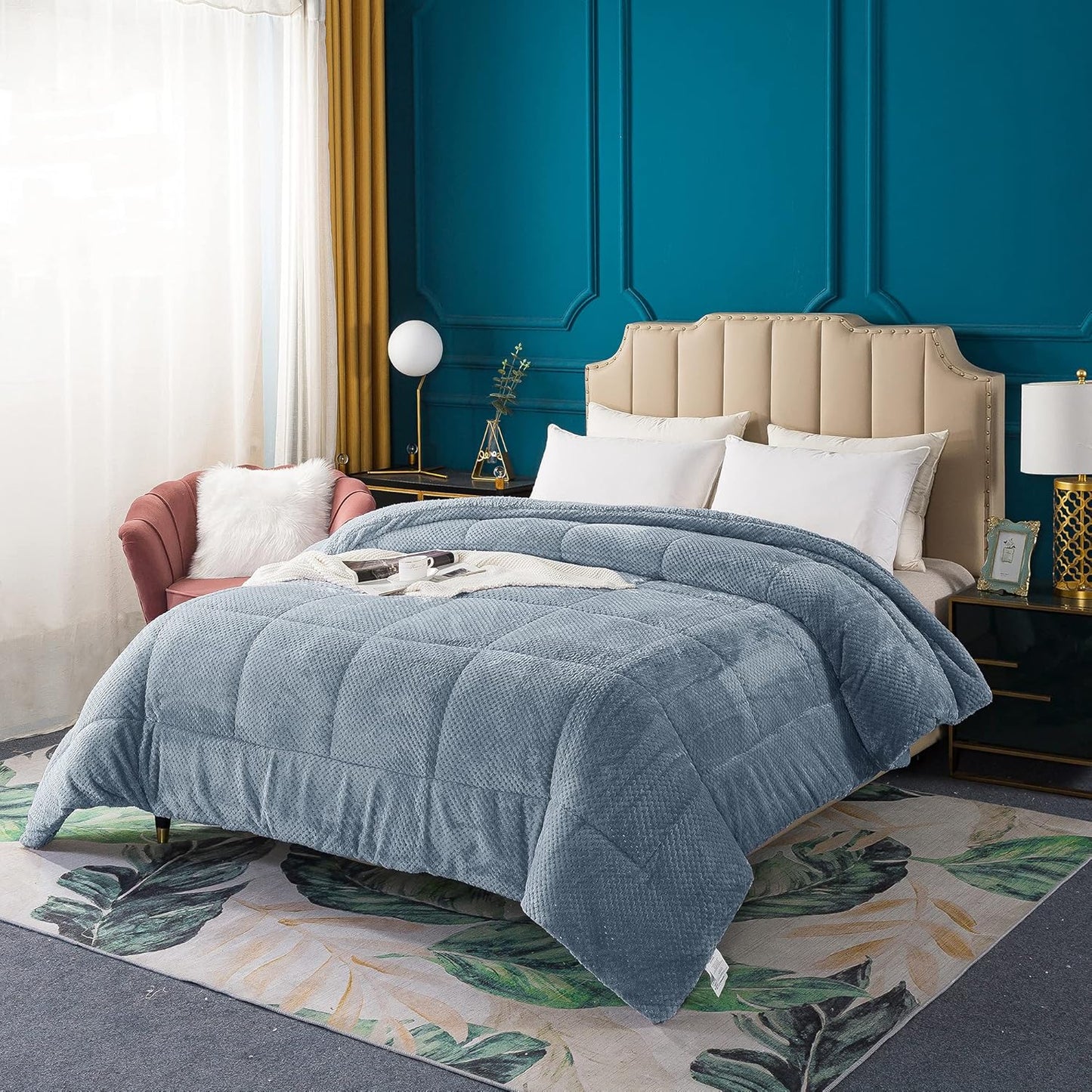 KASENTEX Super Ultra Soft Luxury Plush Sherpa Comforter, Cozy Reversible Faux Fur Machine Washable Bedding, Grey Blue, Queen Size
