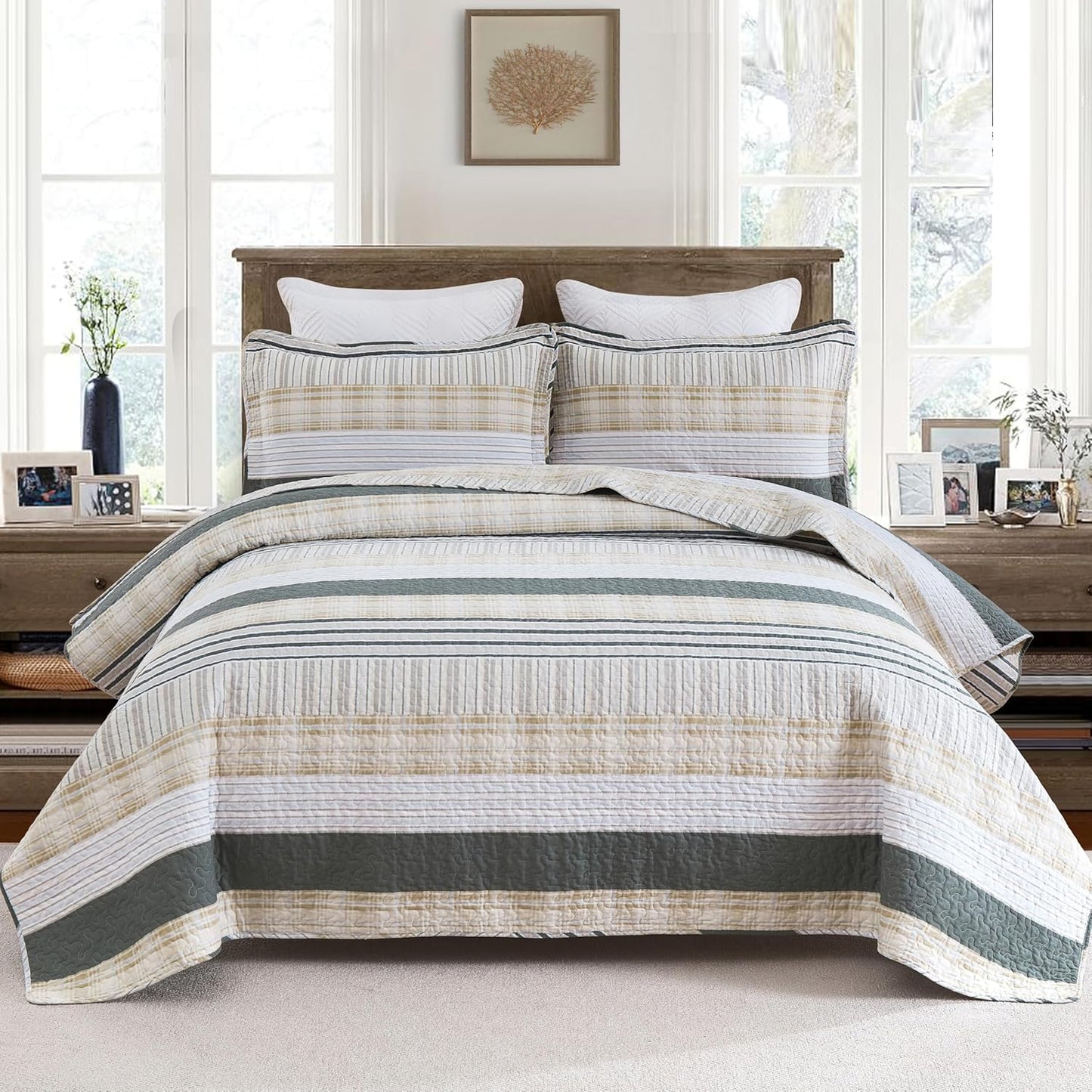 Homzard Quilts Queen Size - Cotton Queen Size Comforter Sets,Beige Grey Cotton Bedding,Striped Plaid Comforter Bedspread (90 * 98 Inches),3 Piece