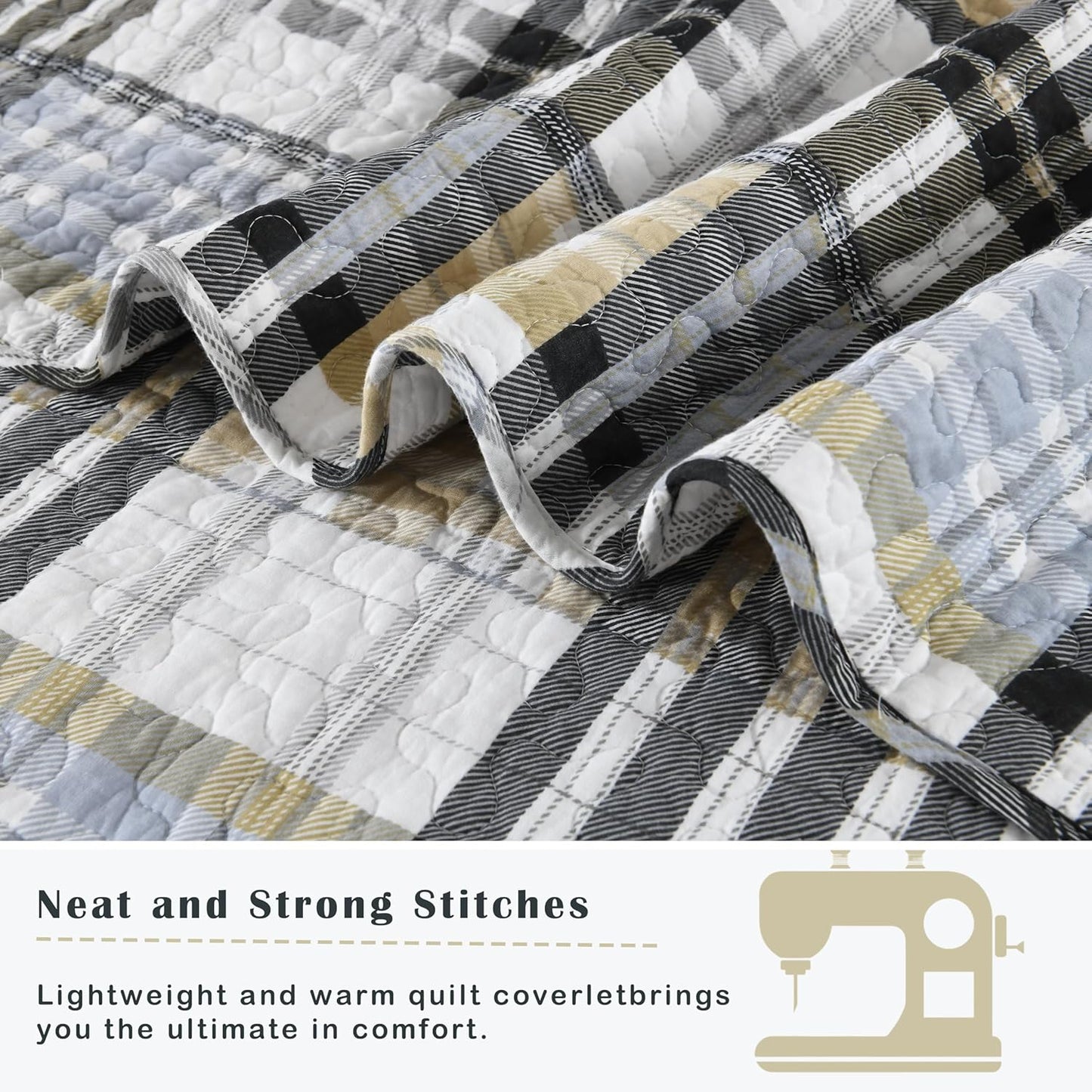Quilts Queen Size, Cotton Queen Size Comforter Set, Brown Black Grey White Striped Bedding Sets, Plaid Queen Bedspread,Striped Bed Set Lightweight Reversible All Season 3 Piece