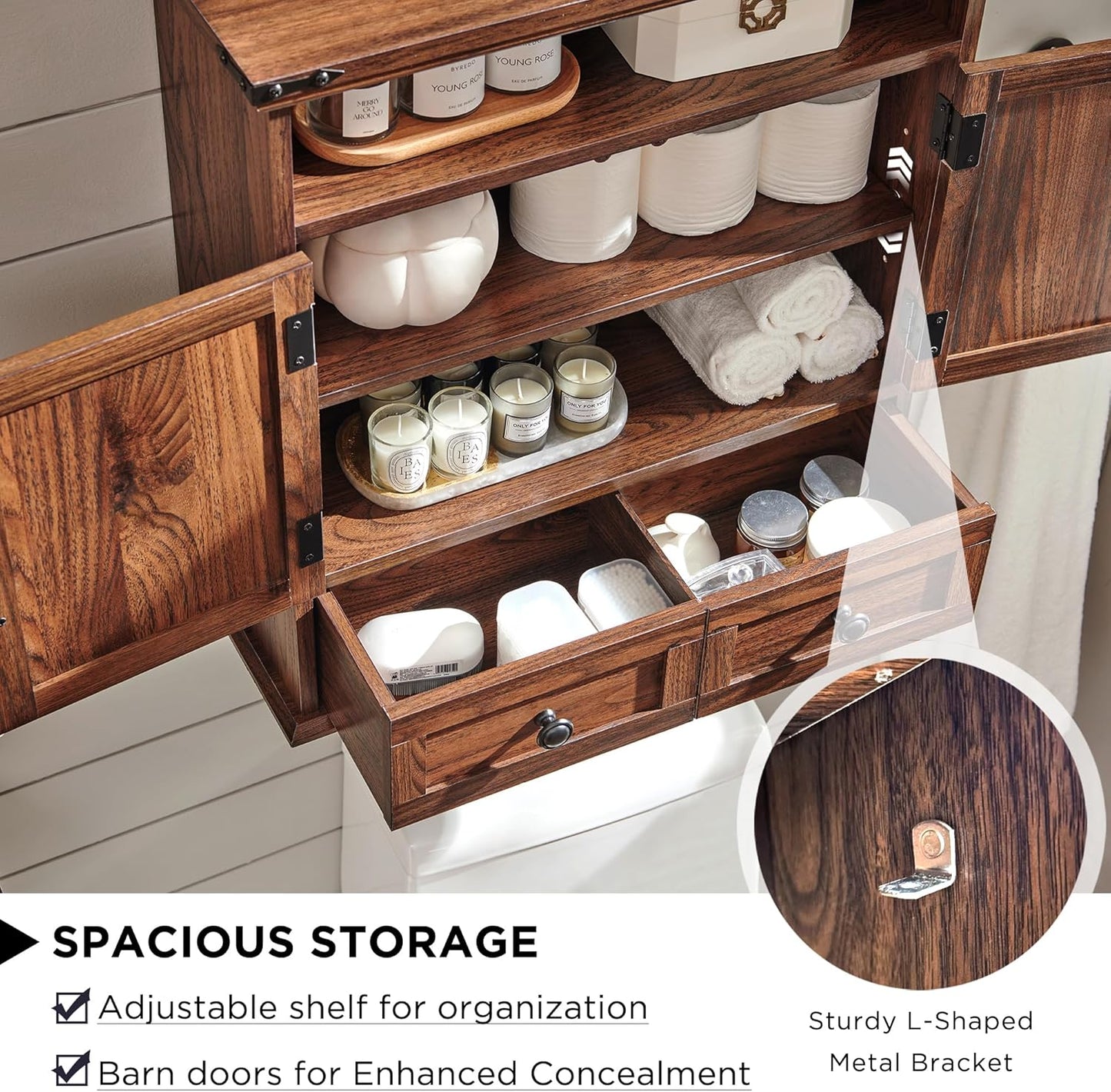 ACCOHOHO Bathroom Wall Cabinet, Farmhouse Medicine Cabinet, 24" Wide Cabinet with Drawer, Adjustable Shelf, Double Barn Doors, Storage Cabinet for Bathroom, Kitchen, Living Room, Brown