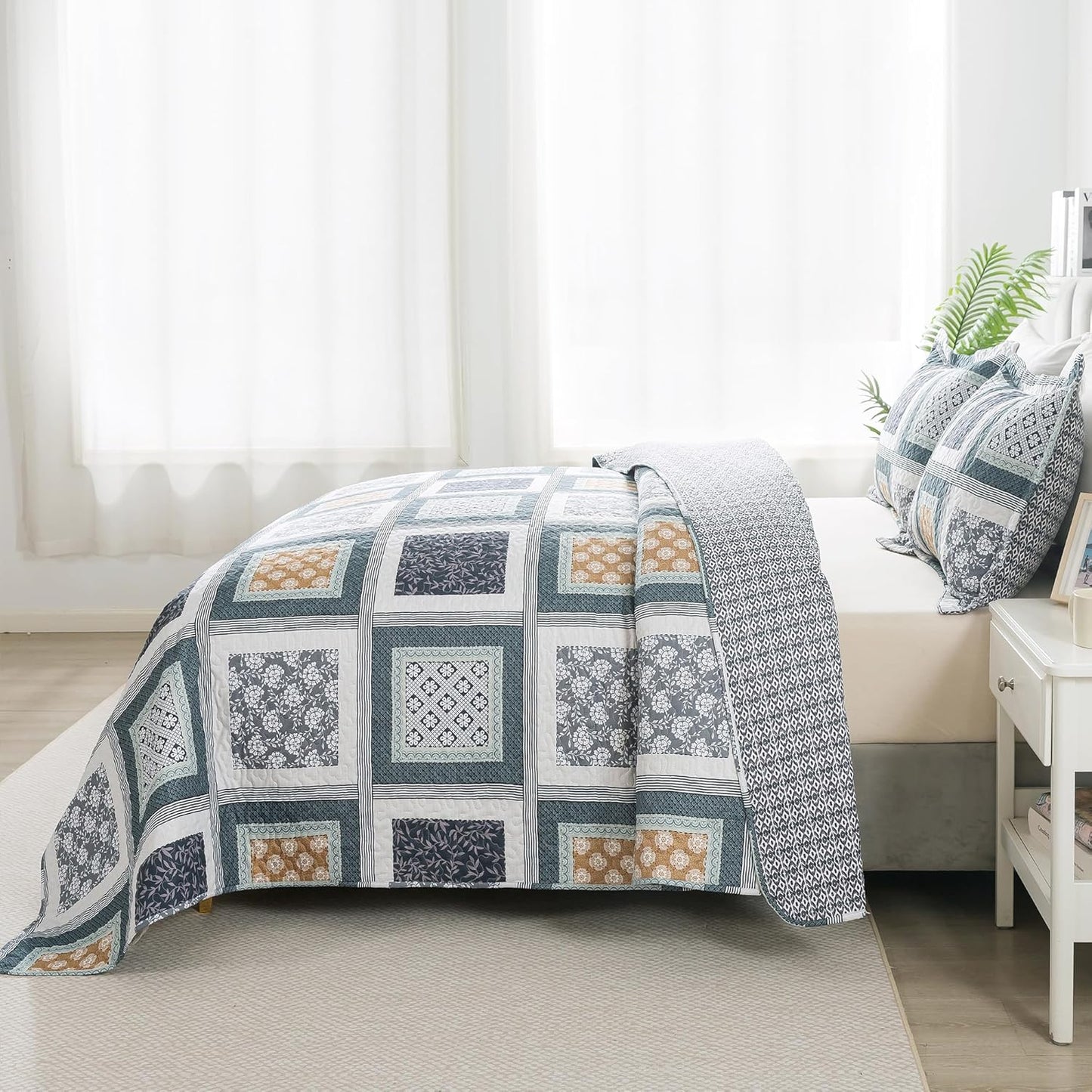 HoneiLife Quilt Sets King Size - 3 Pieces Microfiber Bedspreads Lightweight Coverlets Retro Bed Cover King Quilt Bedding Set All Season Quilts-Grey