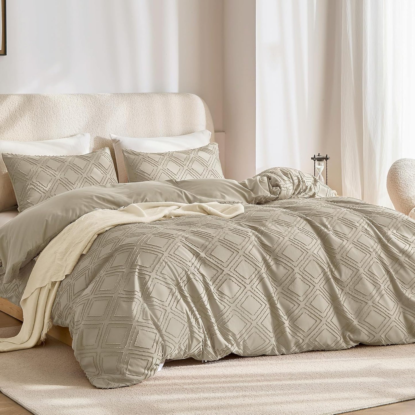 JELLYMONI Duvet Cover Queen Size Khaki - 3PCS Boho Duvet Cover Set Plaid Polyester Tufted Bohemian Jacquard Knit Textured Comforter Cover 90×90in Rhombic Geometric Pattern Zipper Corner Tie