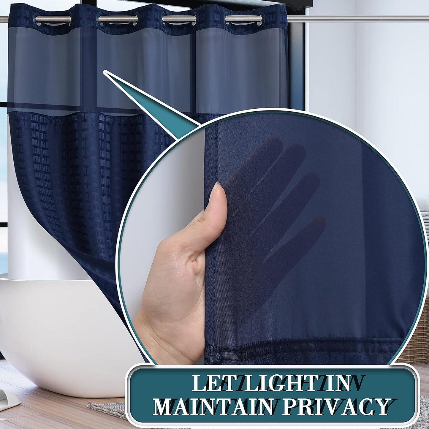 Conbo Mio Extra Long No Hook Shower Curtain with Snap in Liner Set, Hotel Luxury Navy Blue Shower Curtains for Bathroom with See Through Top Window, Waterproof, Washable 71W x 84H
