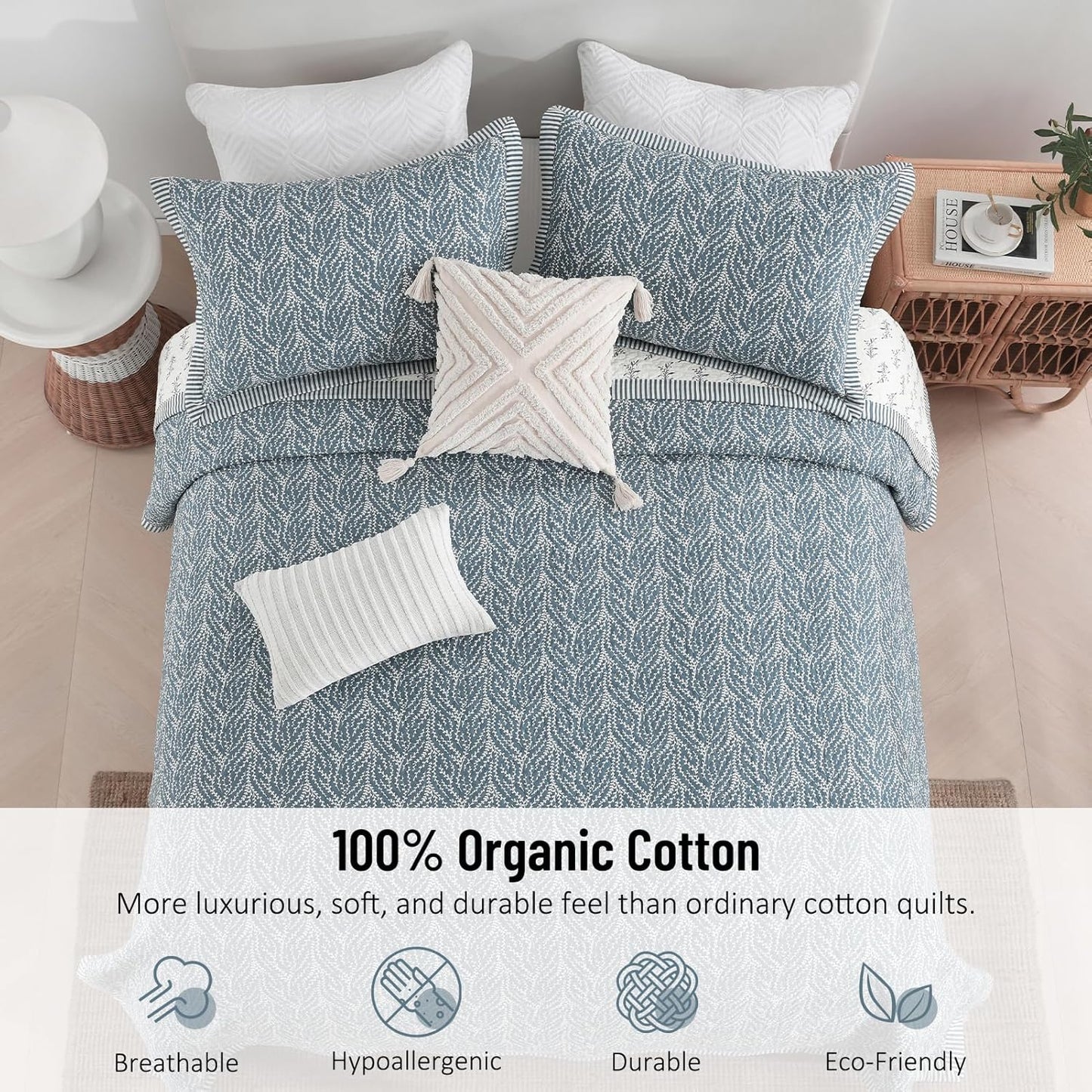 Quilt Set Queen Size - 100% Cotton Blue and White Quilt, Floral Reversible Bedspread Bedding Set, Lightweight Botanical Pattern Coverlet with 2 Pillow Shams, 3-Piece All Season, 90x98