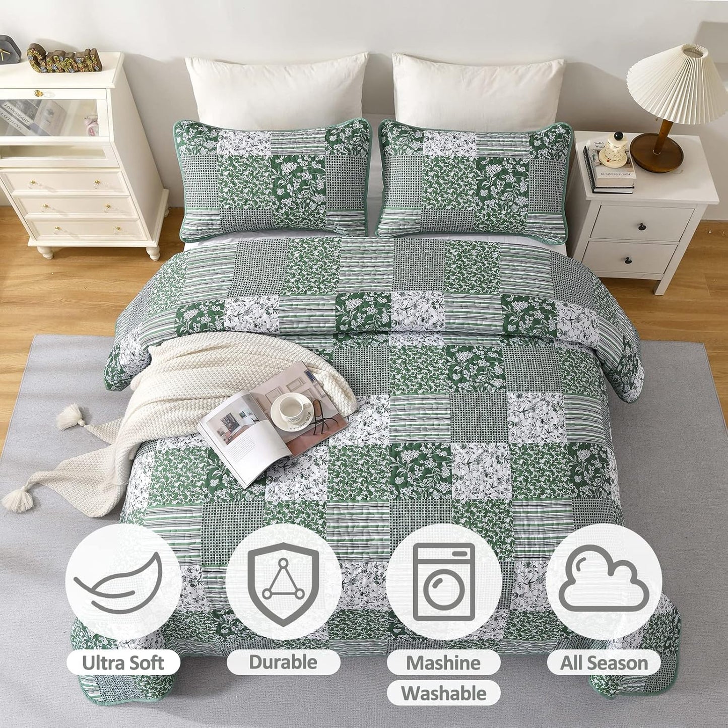 Mybedsoul Green Boho Queen Quilt Set, 3-Piece Reversible Soft Plaid Floral Bedding Set with 2 Pillow Shams - Sage Green Queen Size Quilt Bedspread Coverlet Set 90” x 96”