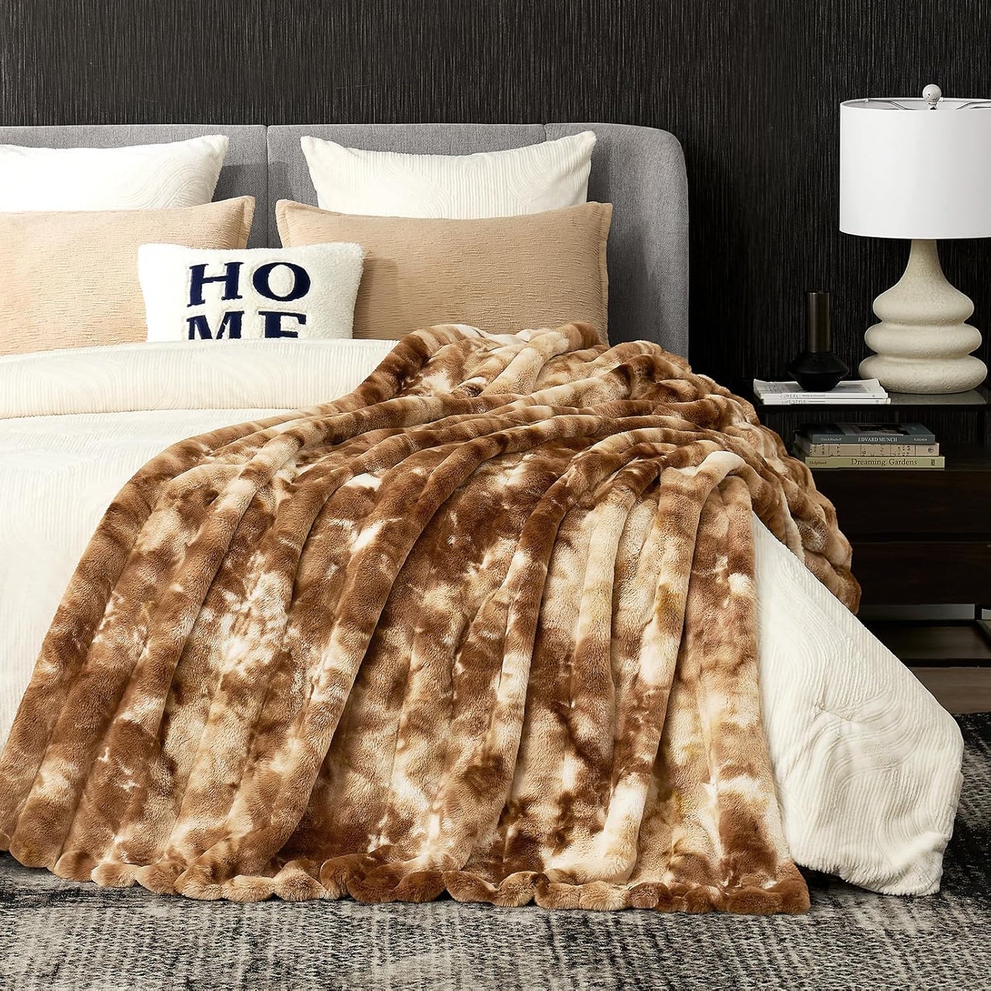 Cozy Bliss Faux Fur Throw Blanket for Couch, Fuzzy Soft Plush Thick Striped Blanket for Sofa Bedroom Living Room, 50 * 60 Inches Tie-dye Brown