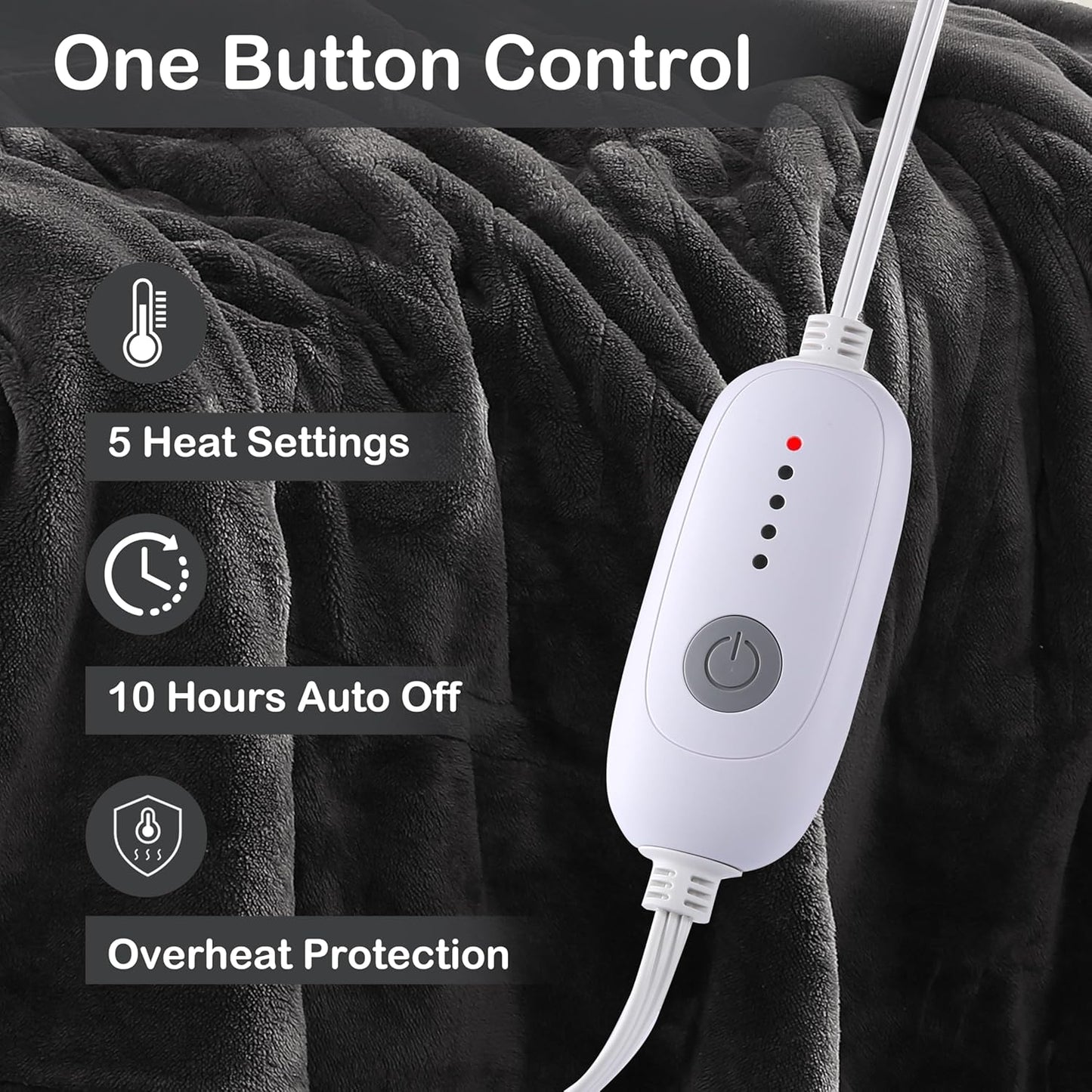 Electric Heated Blanket Full Size 72"x84", 5 Heating Levels & 10 Hours Auto Off, Cozy for Bed, Sofa & Office, Large Oversized, Single Control Heating Heater Blankets, Machine Washable, Dark Gray