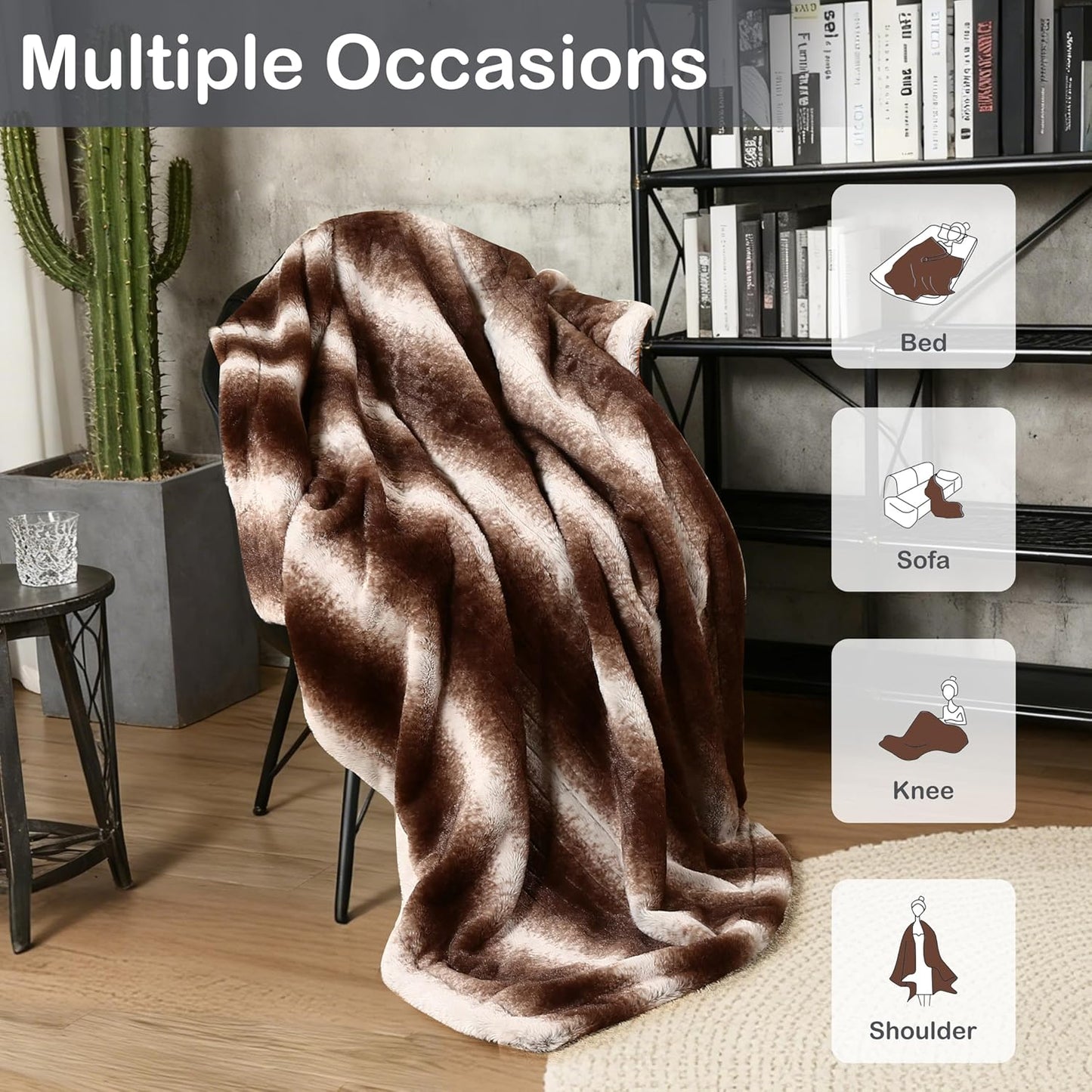 Electric Heated Blanket Throw Size 50" x 60", Super Cozy Warmth Soft with 4 Heating Levels & 4 Hours Auto Off, Plush Faux Fur, Machine Washable, Home Office Use, Brown White