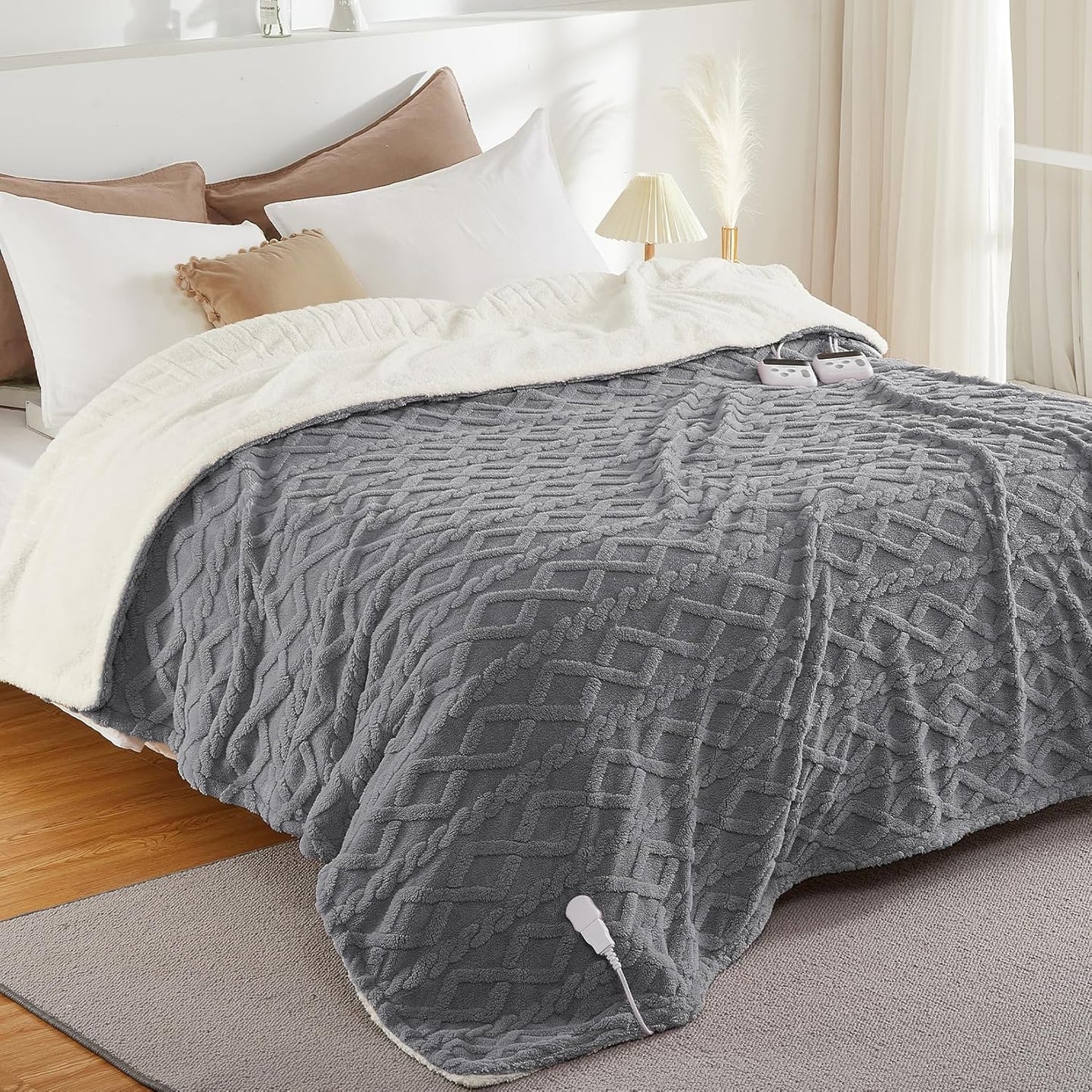 CAROMIO Electric Blanket King Size Dual Control - Thick Tufted Sherpa Heated Blanket with 10 Heating Levels and 10 Time Settings, ETL Certified Fast Heating Blankets King Size 90"×100", Grey