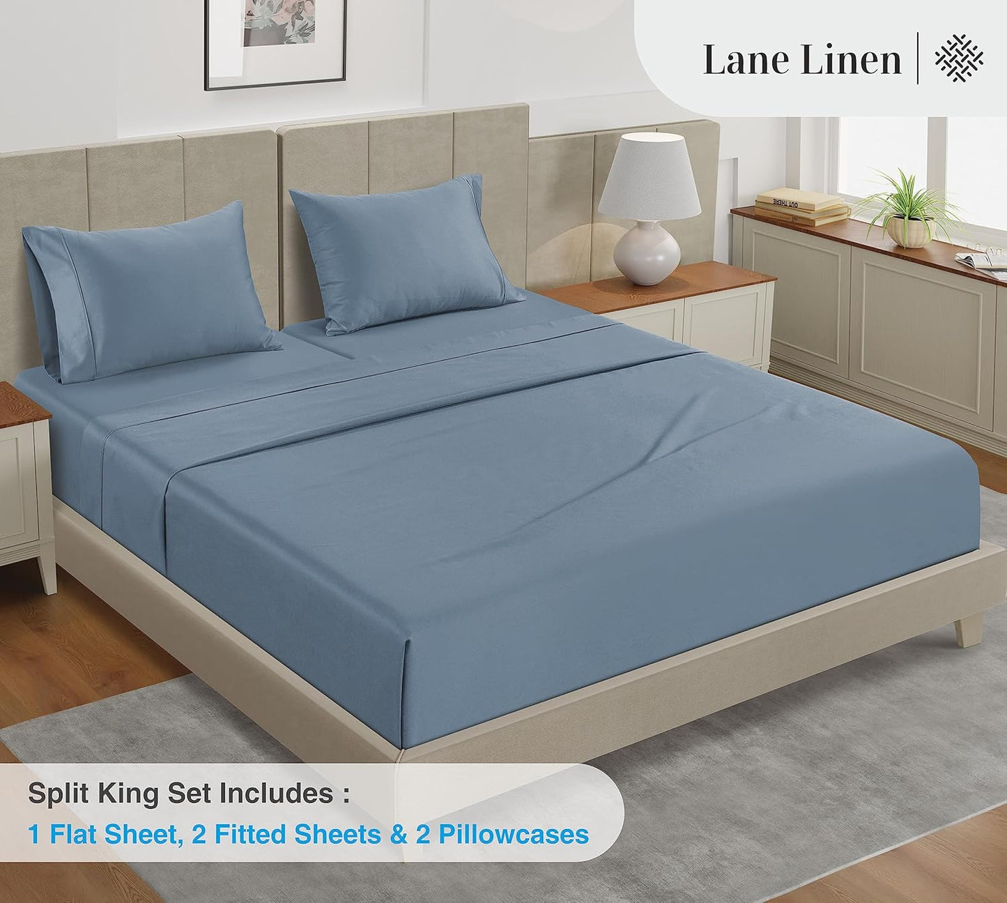 LANE LINEN Split King Sheet Sets – 450 Thread Count 100% Cotton Sheets, Soft & Breathable Sateen Weave, 15” Deep Pocket Fully Elasticized Fitted Sheet, Luxury Hotel Bedding & Pillowcases, French Blue