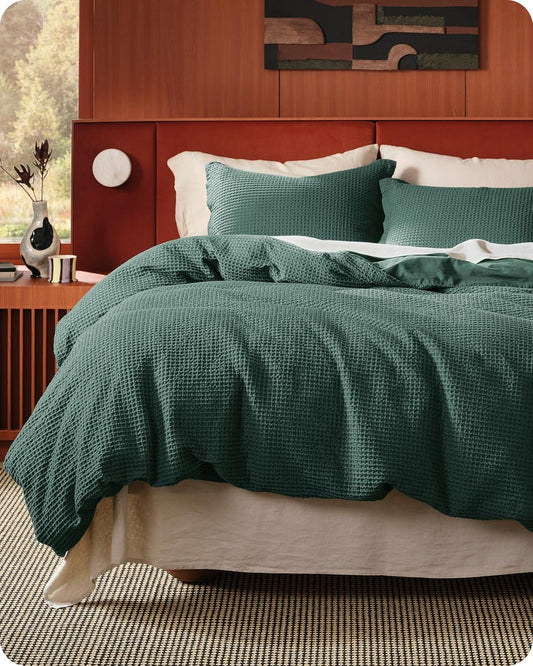 Bedsure Cotton Duvet Cover King - 100% Cotton Waffle Weave Forest Green Duvet Cover King Size, GentleSoft™ and Breathable Bedding Set for All Season, 3 Pieces, 104"x90"
