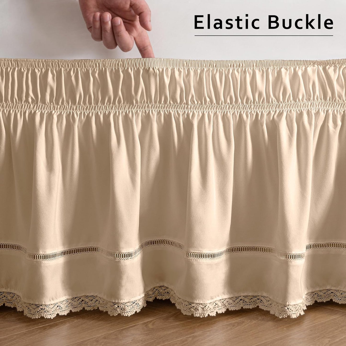 MIYE Wrap Around Ruffled Lace Bed Skirt, Elastic Dust Ruffle with Adjustable Belts, Easy to Put On, Bed Frame Cover, Machine Washable (Floral Lace/Beige, Full/Twin-15 Drop)