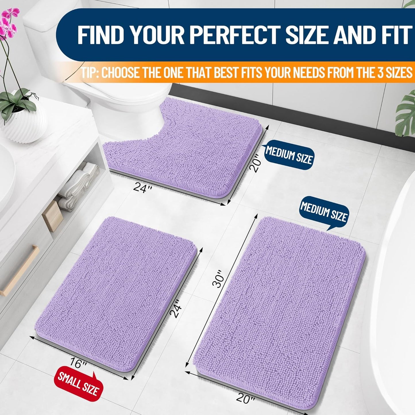 OLANLY Bathroom Rugs 24x16, Extra Soft Absorbent Chenille Bath Rugs, Rubber Backing Quick Dry, Machine Washable Bath Mats for Bathroom Floor, Tub and Shower, Home Decor Accessories, Lavender