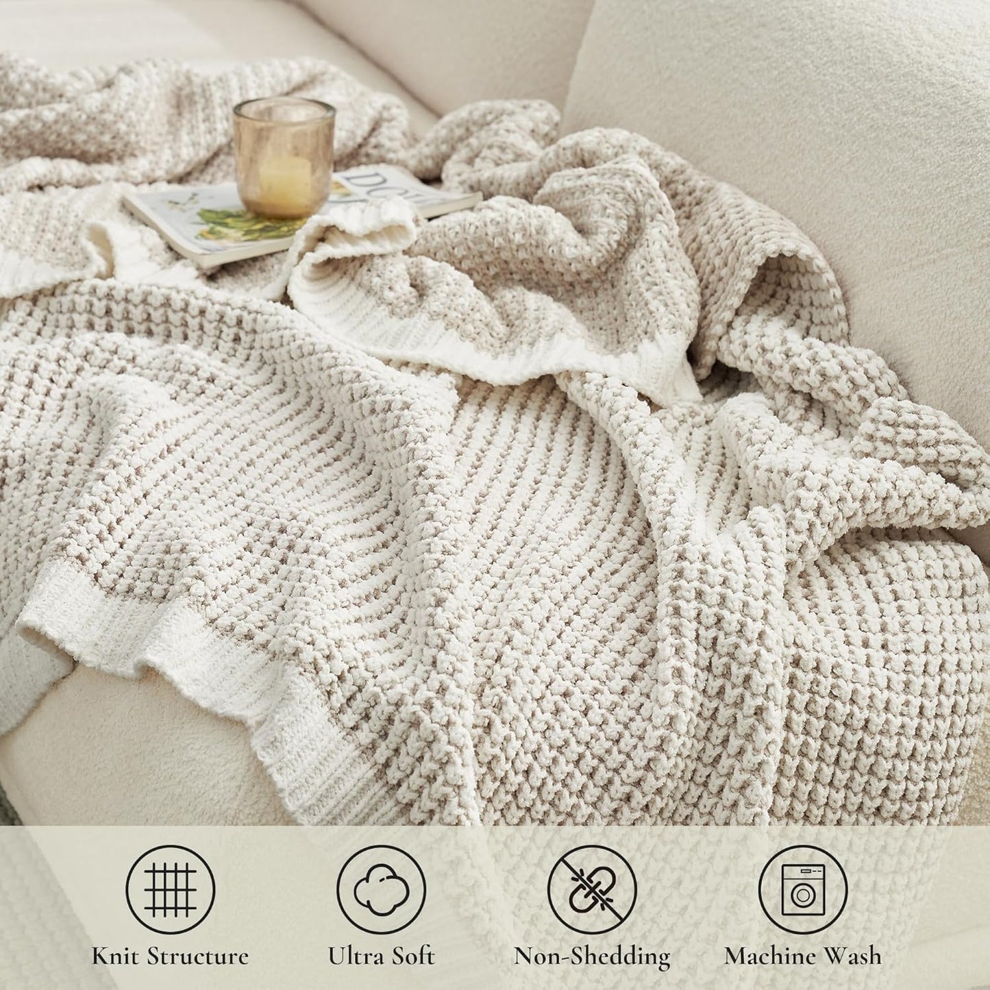 Amélie Home Waffle Chenille Throw Blanket for Couch, Pineapple Stitch Knit Soft Cozy Knit Blanket Decorative Throw for Sofa, Chair, 60"x80", Beige&Ivory