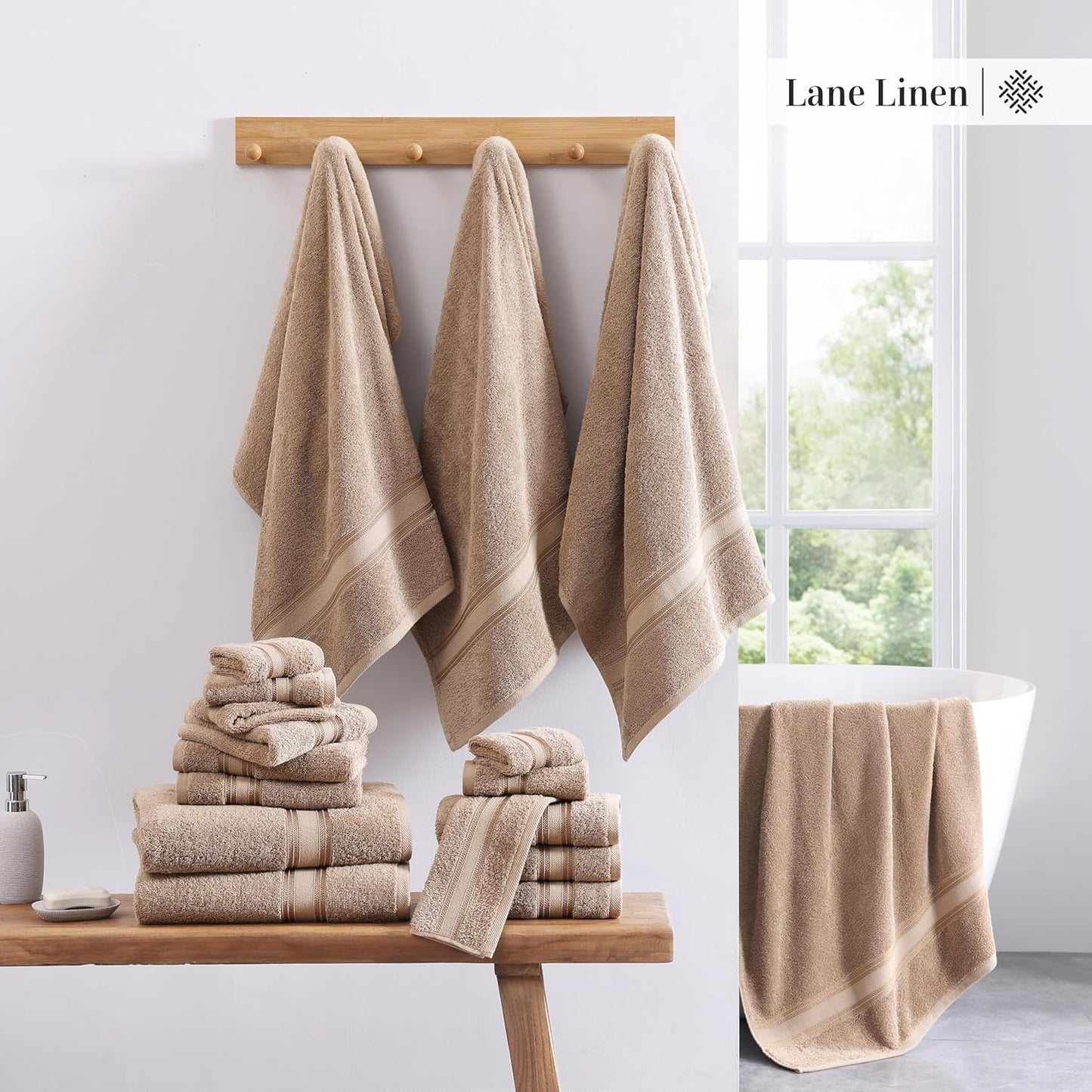 LANE LINEN Towel Set for Bathroom – 18-Pack 100% Cotton, Zero Twist, Includes 6 Bath, 6 Hand & 6 Washcloth, Suitable for All Body Types, Soft & Quick Dry, Ideal for Airbnb & Spa - Tapue