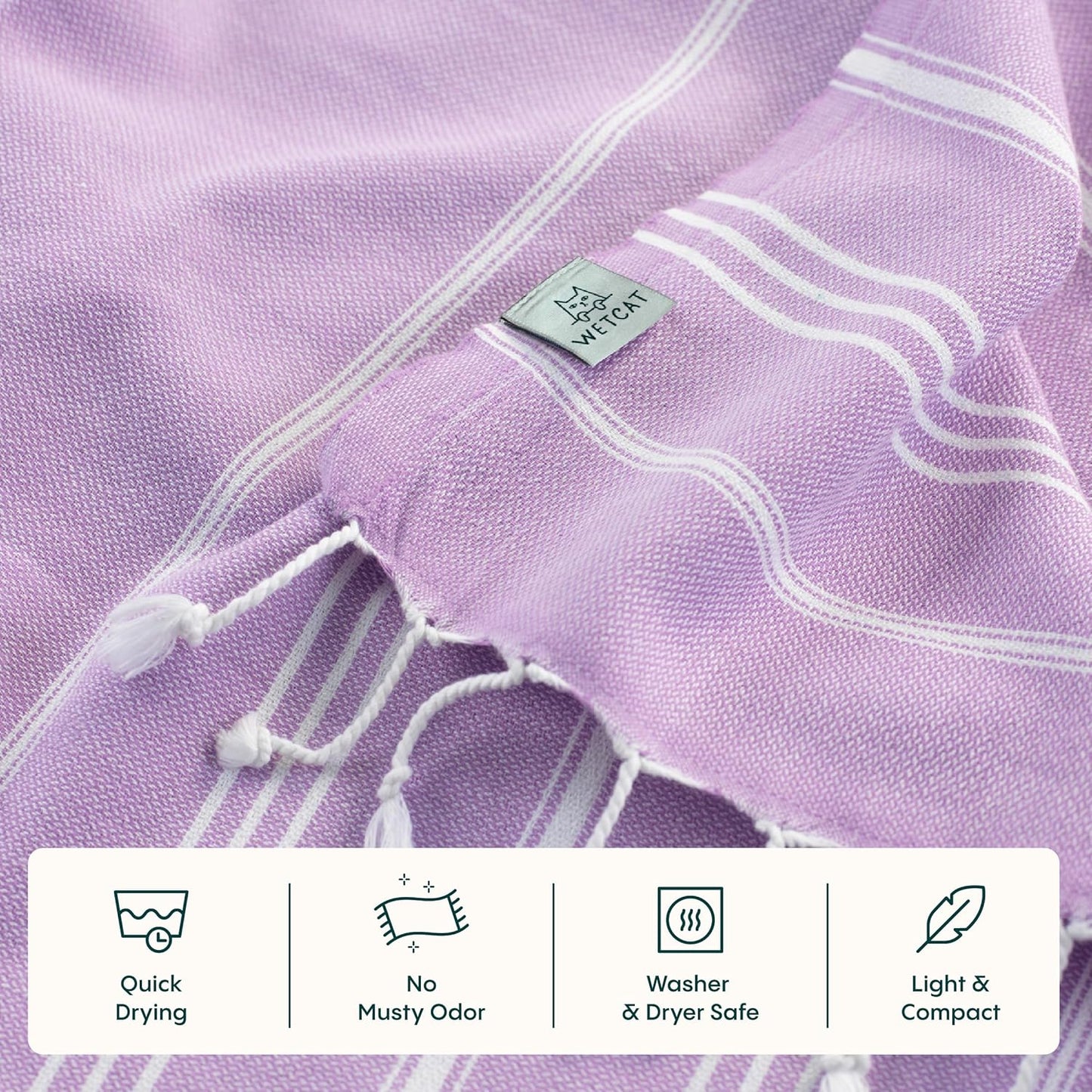 WETCAT Turkish Hand Towels with Hanging Loop, Set of 2 (20" x 30") 100% Turkish Cotton, Pre-Washed, Quick Drying, for Kitchen or Bathroom - Lilac