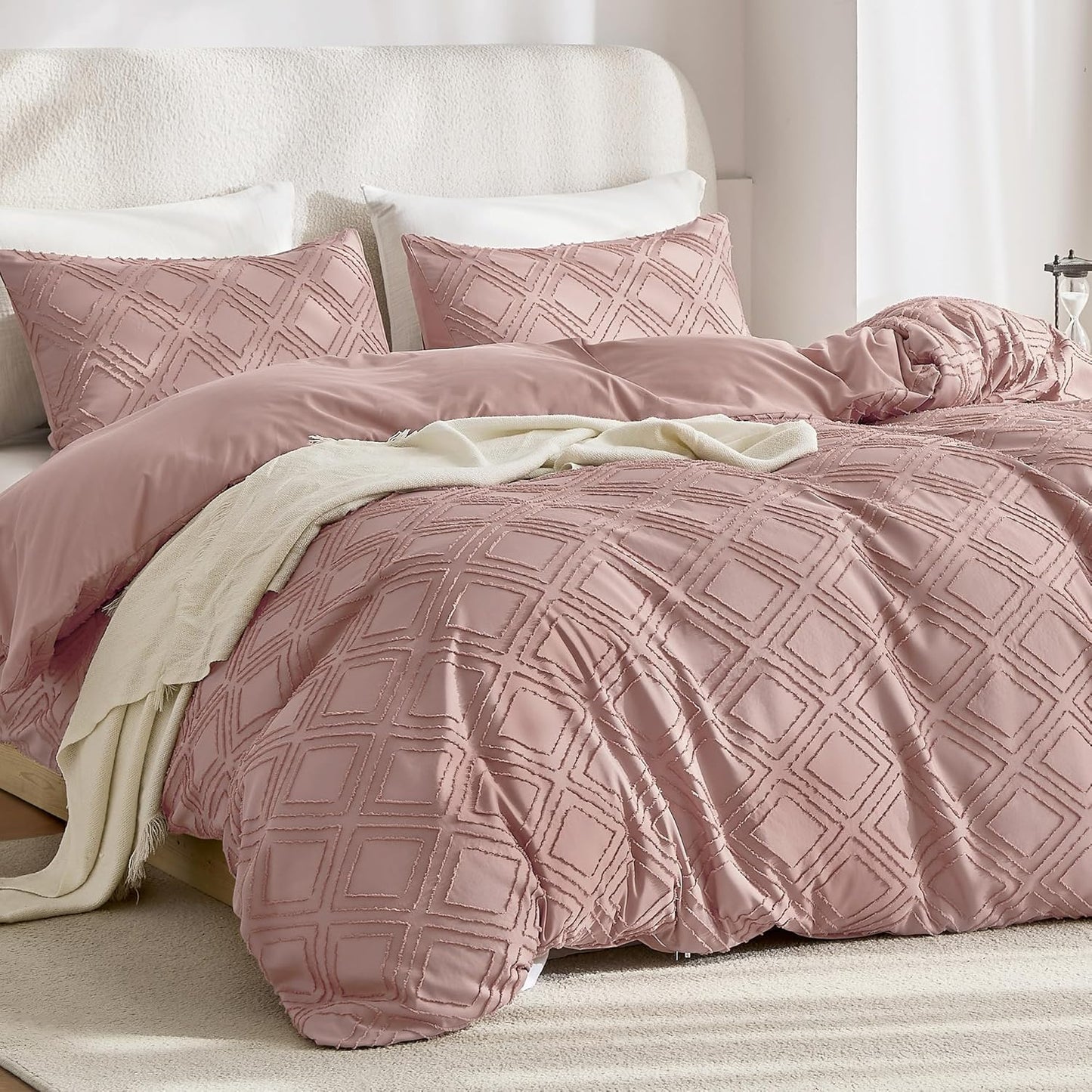 JELLYMONI Duvet Cover Queen Size Smokey Pink - 3PCS Boho Duvet Cover Set Plaid Polyester Tufted Bohemian Jacquard Knit Textured Comforter Cover 90×90in Rhombic Geometric Pattern Zipper Corner Tie