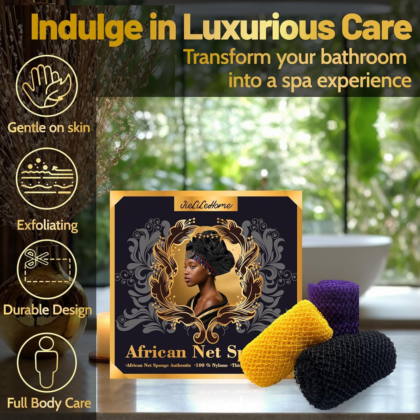 African Net Sponge Authentic,3Pack Loofah Exfoliating Body Scrubber Bath Sponge, Back Scrubber Washcloth for Shower,Gentle Exfoliator and Rich Lather for Women and Men (Black、Yellow、Purple)