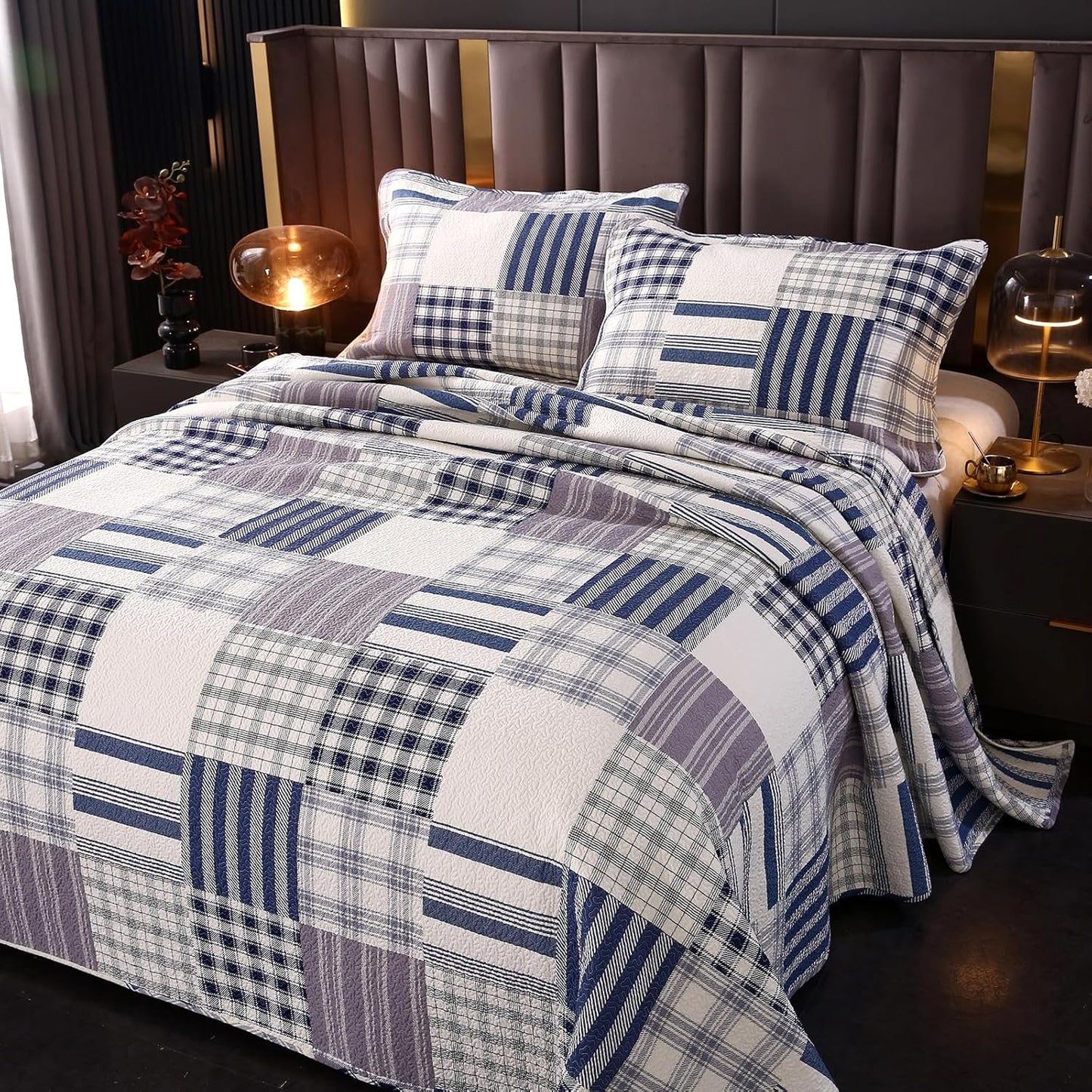 vctops Cotton Quilted Patchwork Quilt Set Queen Size Farmhouse Blue Plaid Bedspreads Coverlet 3 Pieces Summer Lightweight 1 Quilt and 2 Pillow Shams for All Season (Plaid B,Queen)