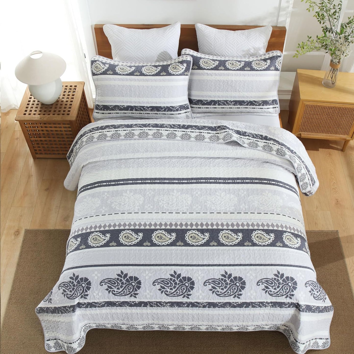Quilts Queen Size, Cotton Bed Set, Luxury Purple Comforter Set, Reversible Striped Bedding Queen Size, Reversible Lightweight Bedspread All Season 3 Piece