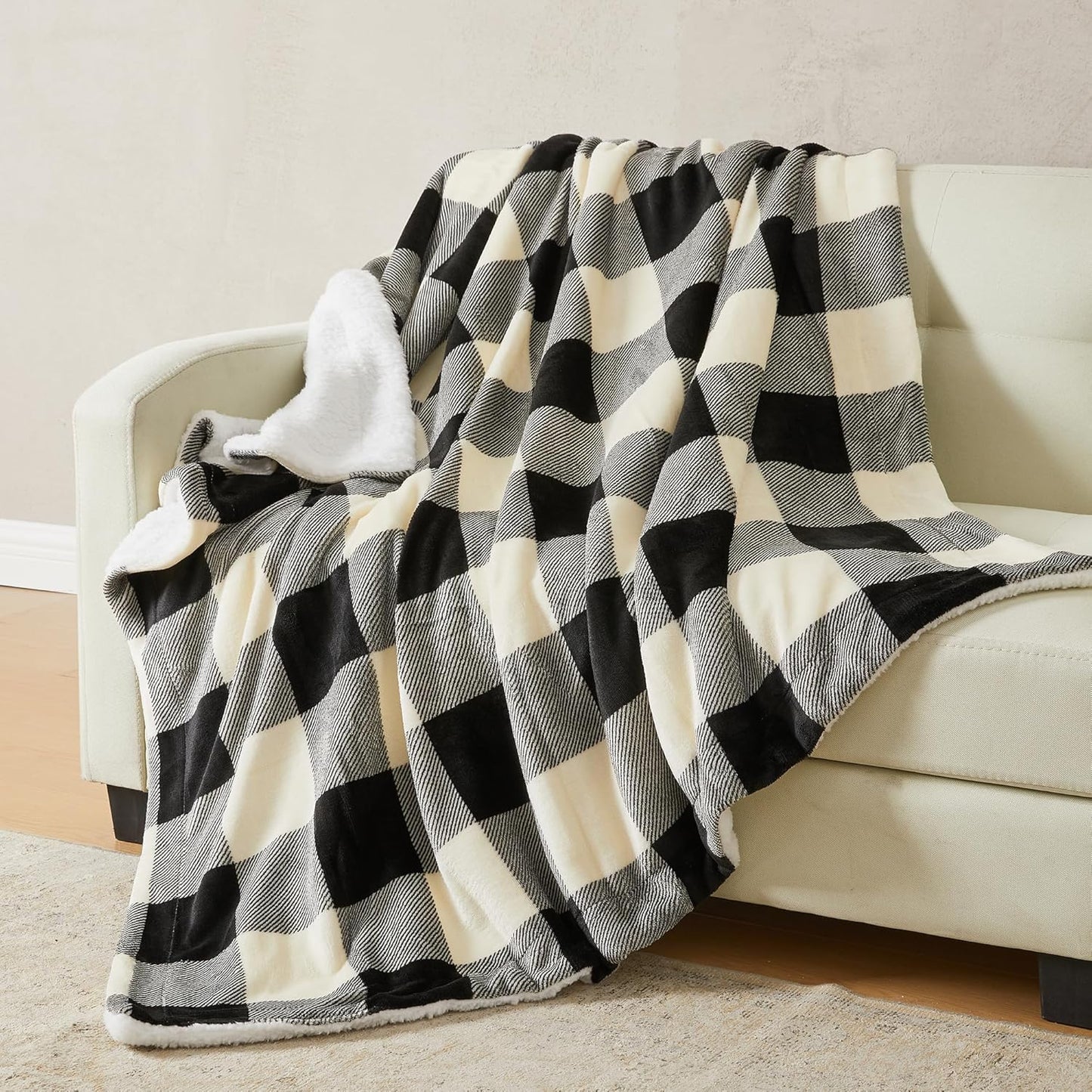 Fleece/Sherpa Throw Blanket - Super Soft Printed Blanket for Couch, Chair, or Bed - Cozy, Luxurious Plush Throw Blanket - Throw 50" x 60", Black/White Buff Check