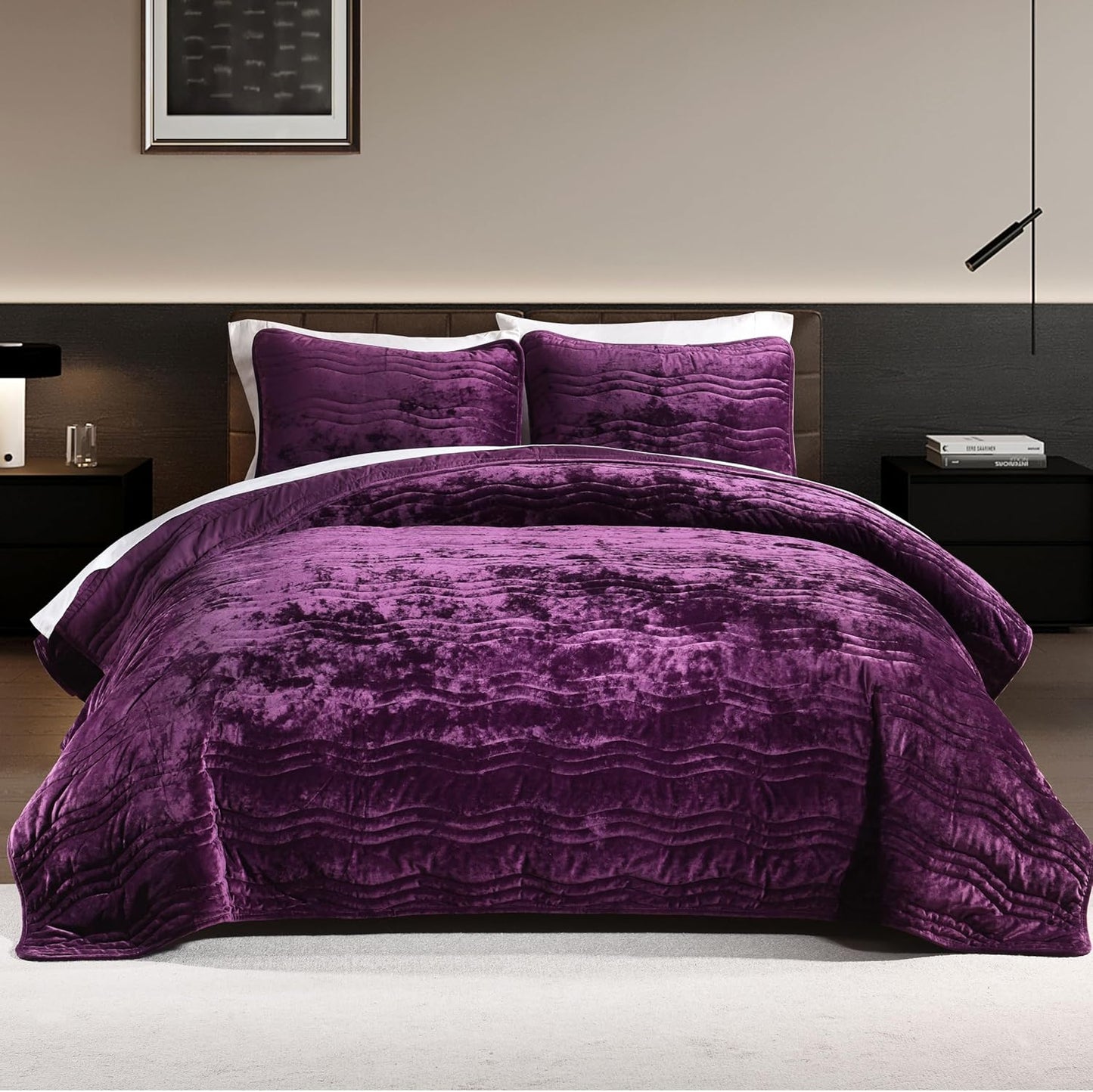 Velvet Quilt, Purple Bedding Comforter Sets, Luxury Plush Queen Comforter Set,Soft Plush Queen Bedspread, Machine Washable Coverlet, All-Season 3 Pieces