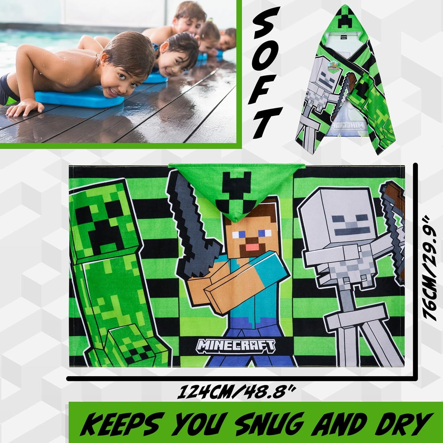 Minecraft Towelling Poncho Kids Teens Hooded Bath Towels Absorbent Beach Towel (Green/Black, 6-14 Years)