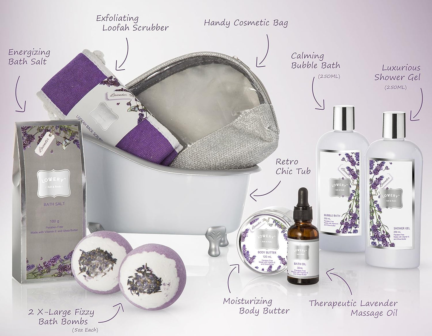 Christmas Gift Baskets for Women Bath Gift Set for Women, Bath and Body Spa Set Lavender and Jasmine with Large Bath Bombs, Salts, Shower Gel, Body Butter Lotion, Bath Oil, Bubble Bath, Loofah & More