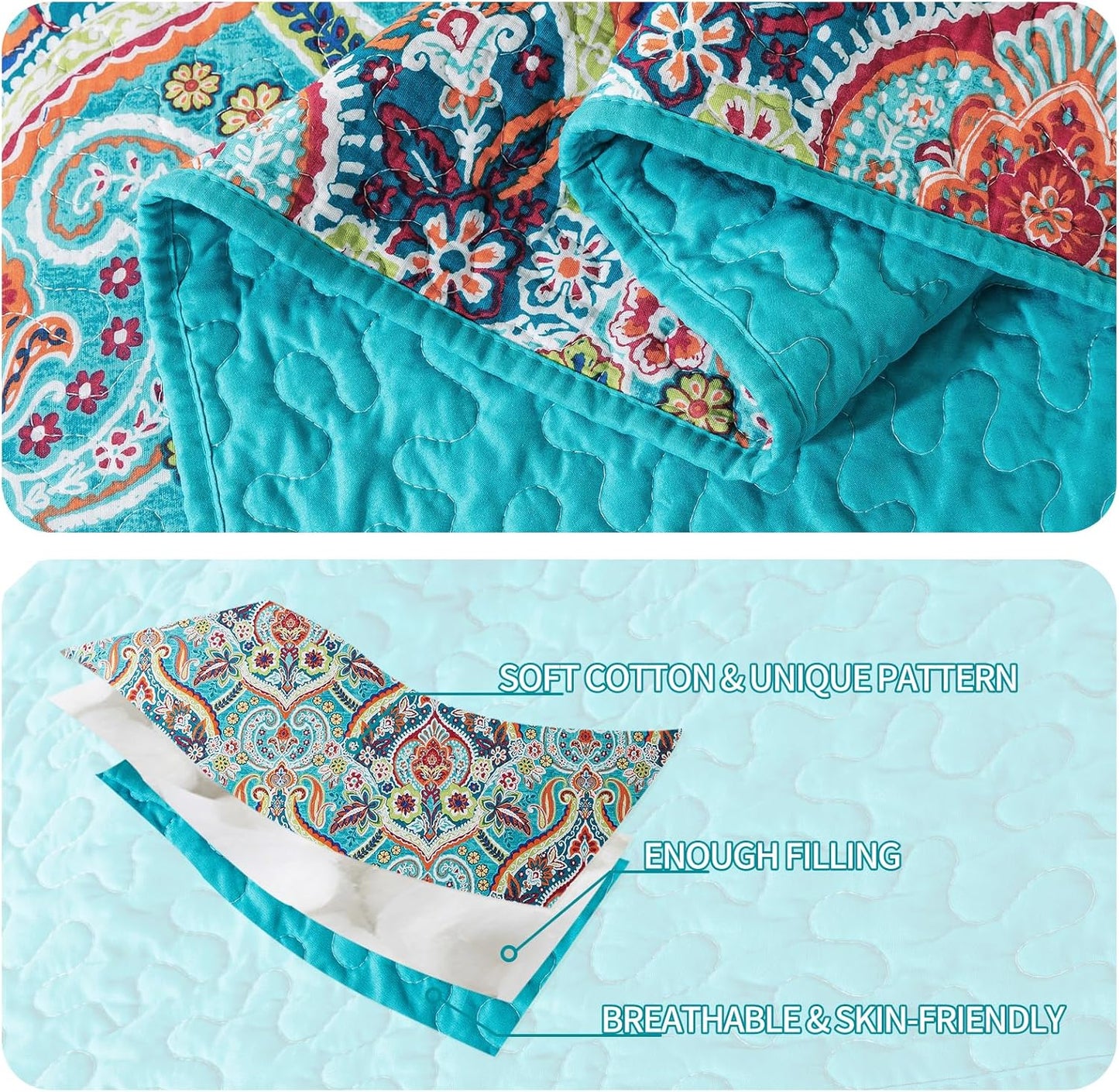 BEDIFANY Cotton Quilt King Size - Lightweight King Size Quilt Bedding Set for a Comfortable Sleep - Reversible Bedspread (98 * 106 in) with Boho Pattern, 3 Pieces