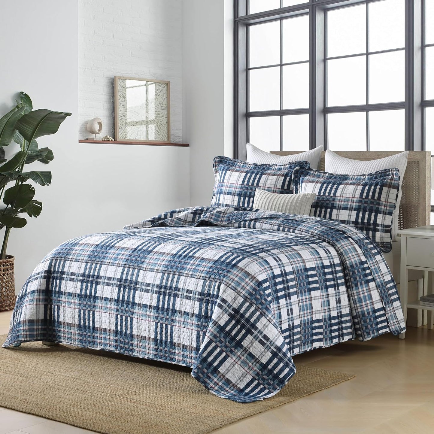Quilts Queen Size, Cotton Queen Size Comforter Set, Blue White Striped Bedding Sets, Plaid Queen Bedspread,Striped Bed Set Lightweight Reversible All Season 3 Piece