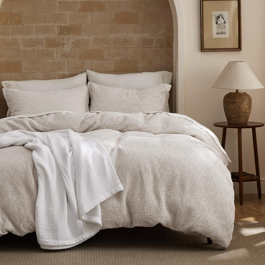 Bedsure Waffle Duvet Cover Queen - Pure Cotton Duvet Cover Linen Color, Space-Dyed for Enhanced Bedroom Aesthetics, GentleSoft™ and Stylish All-Season, 3-Piece Bedding Set with Button Closure, 90"x90"