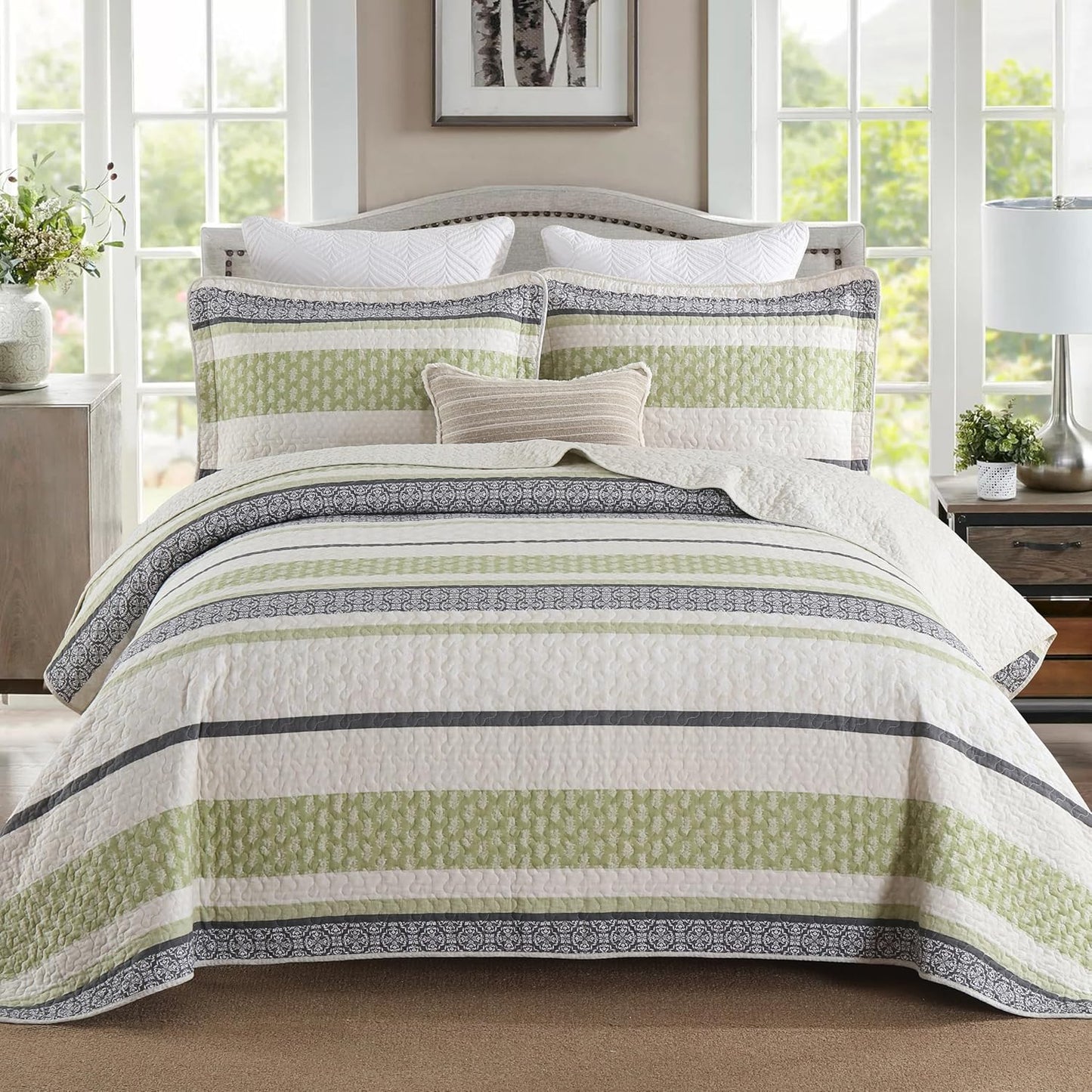 Homzard Quilts Queen Size,Cotton Queen Comforter Set,Green Beige Grey Quilt Bedspread Set,Striped Bedding,Cotton Lightweight Bed Comforter All Season 3 Piece