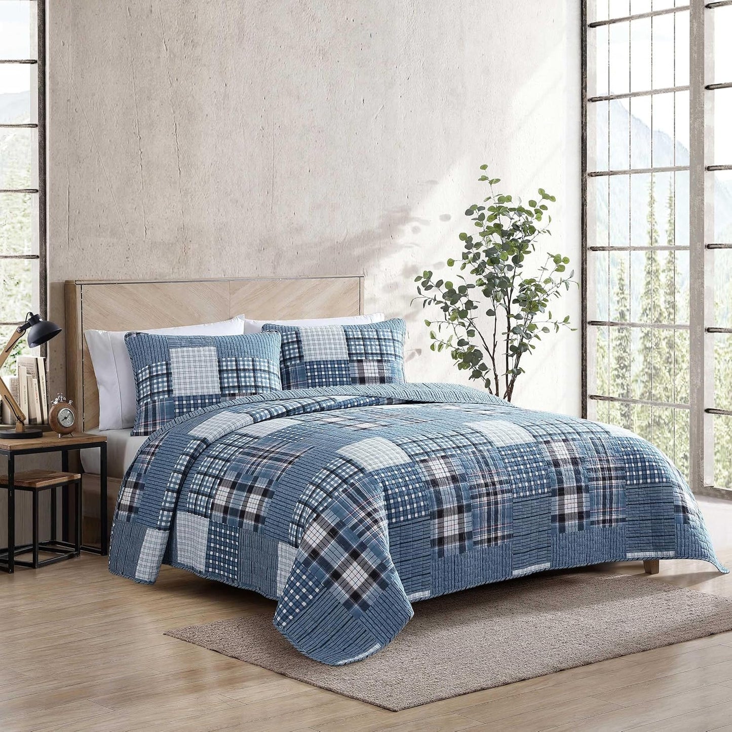 Eddie Bauer - Queen Quilt Set, Reversible Cotton Bedding with Matching Shams, Patchwork Plaid Bedding Set (Hawthorne Blue, Queen)