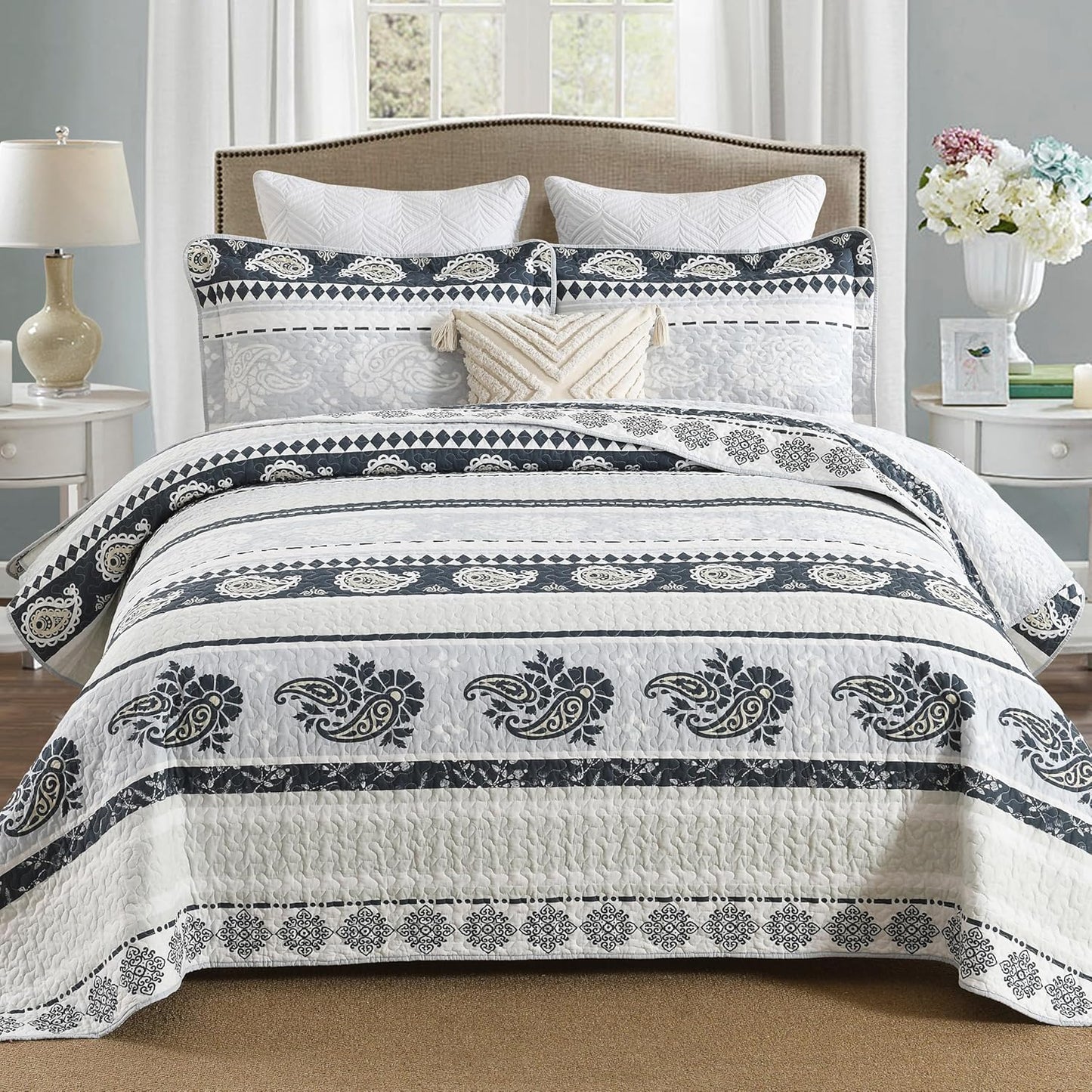 Cotton Comforter Set, Blue Quilts Queen Size, Luxury Striped Bedding Queen Size,Lightweight Reversible Bedspread 3 Piece