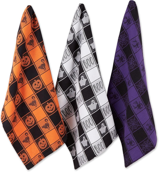 DII Halloween Collection Embellished Dishtowel Set, 18x28, Woven Check 3 Piece