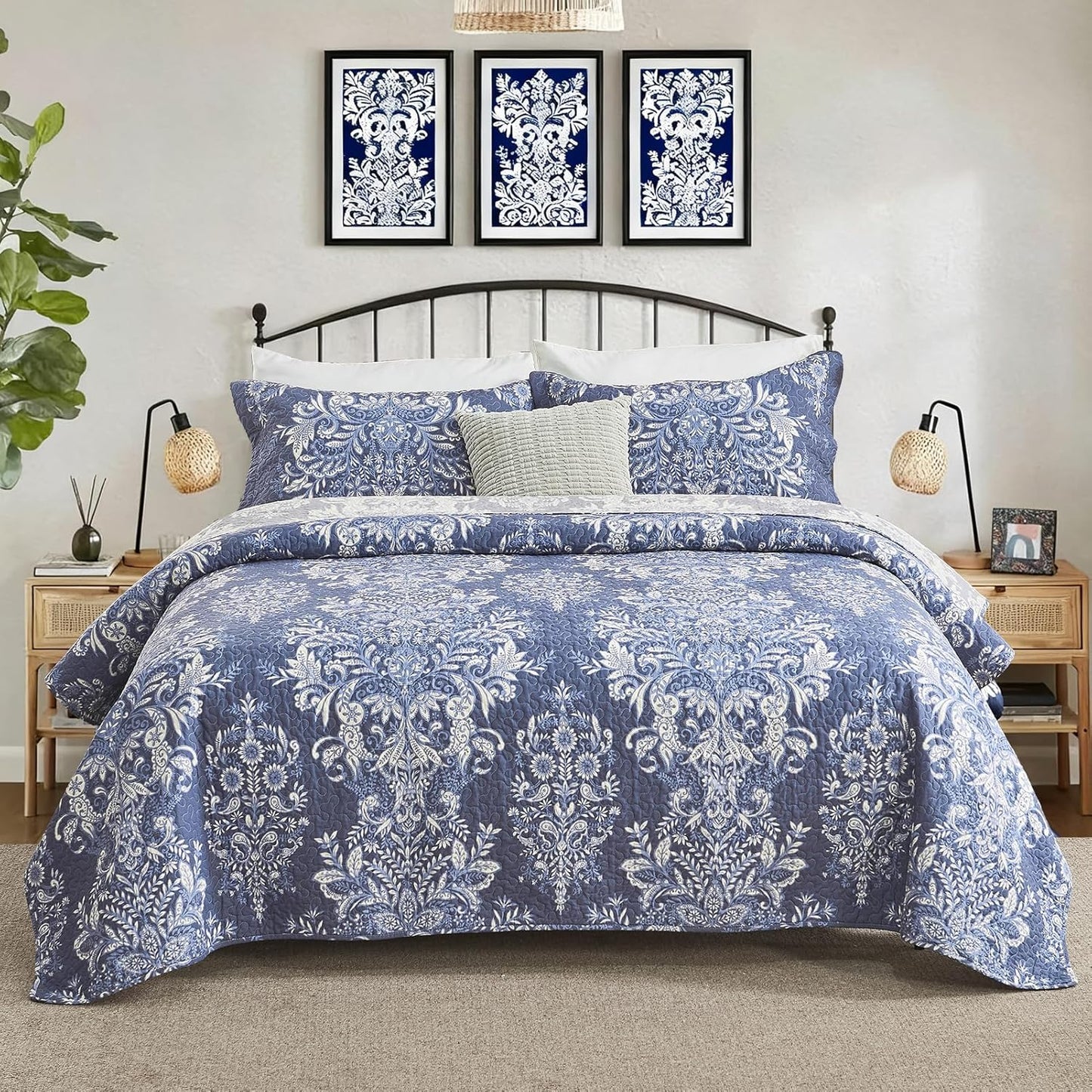 100% Cotton Quilt Set Queen Size - Damask Pattern Quilted Comforter, Vintage Reversible Queen Quilt Bedspread, Lightweight Bedding for Queen Bed, 3pcs, Blue