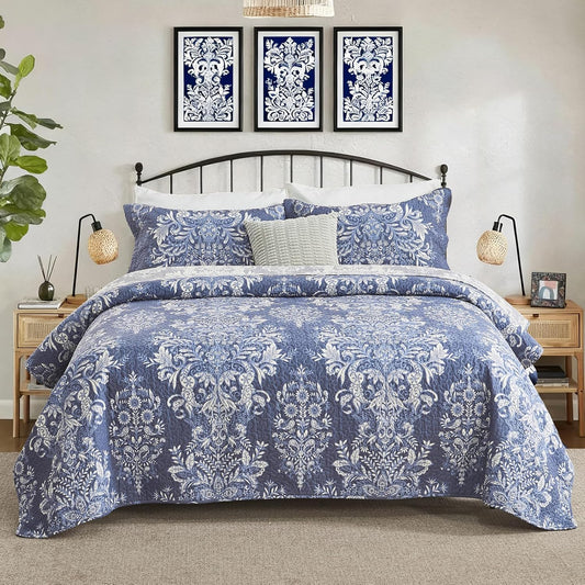 100% Cotton Quilt Set Queen Size - Damask Pattern Quilted Comforter, Vintage Reversible Queen Quilt Bedspread, Lightweight Bedding for Queen Bed, 3pcs, Blue