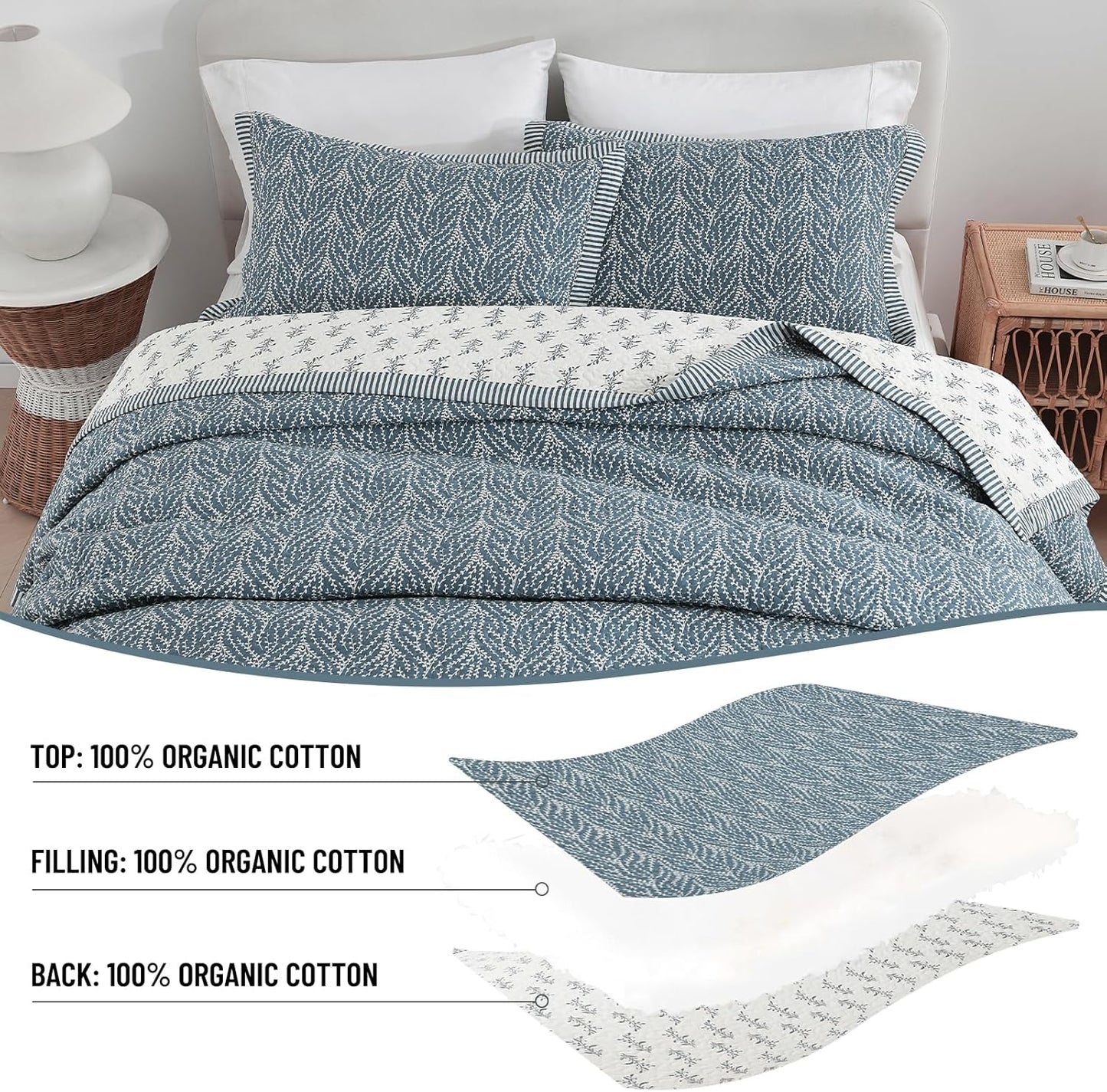Quilt Set King Size - 100% Cotton Blue White Floral Bedspread Bedding Sets, Lightweight Reversible Botanical Pattern Coverlet with 2 Pillow Shams, 3-Piece All Season, 98x106