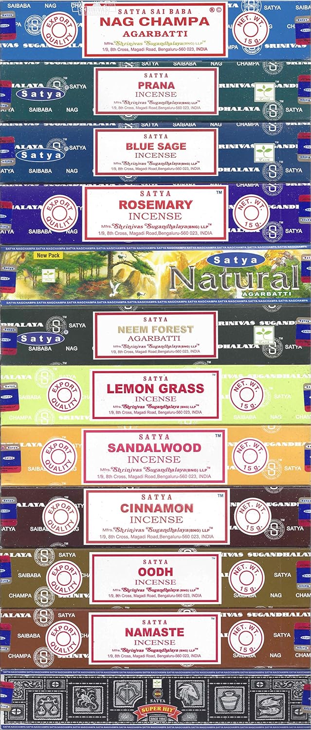 Satya Bangalore (BNG) Incense Set of 12 Nag Champa Namaste Super Hit Neem Forest Prana Oodh Sage Cinnamon Lemongrass Rosemary Natural Sandalwood, VarietyPack05