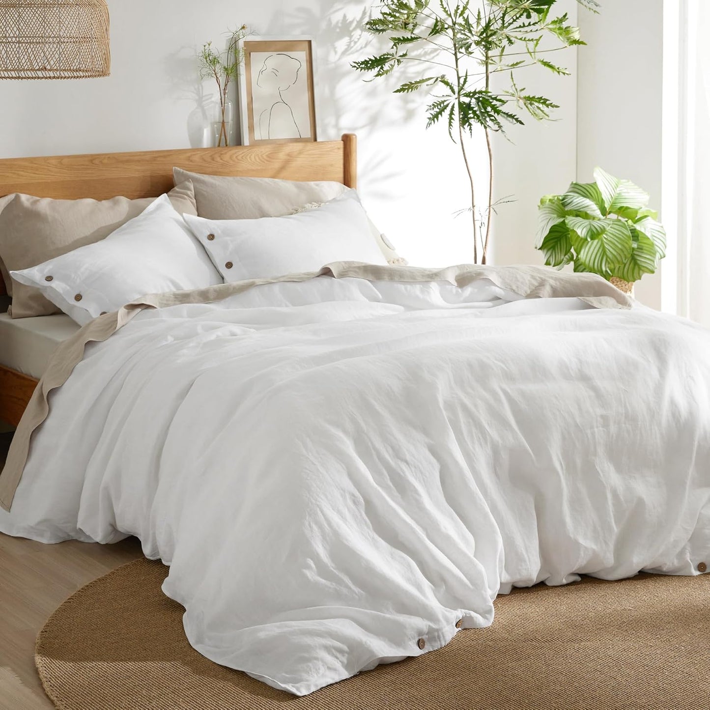 Bedsure Linen Duvet Cover King Size - Linen Cotton Blend Bedding Set, Soft & Cozy, 3 Pieces, 1 Duvet Cover 104x90 Inches and 2 Pillowcases, White Color Cooling Bedding, Comforter Sold Separately