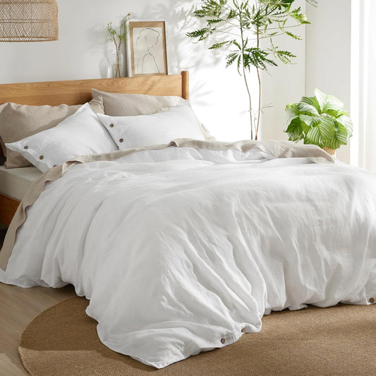 Bedsure Linen Duvet Cover King Size - Linen Cotton Blend Bedding Set, Soft & Cozy, 3 Pieces, 1 Duvet Cover 104x90 Inches and 2 Pillowcases, White Color Cooling Bedding, Comforter Sold Separately
