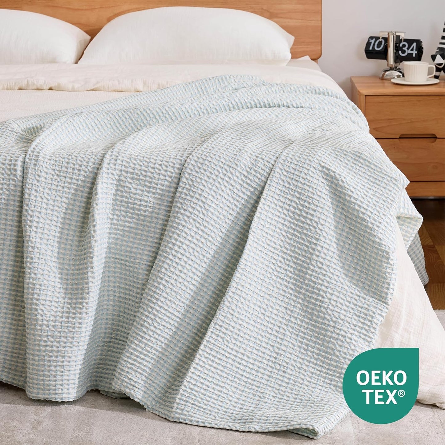 EGOHOME 100% Cotton Waffle Blanket Twin Size for Bed-Breathable and Lightweight,Soft Dual-Tone Textured Jacquard Waffle Weave Blankets for All-Seasons,Angel Falls Blue,60 x 80 Inches
